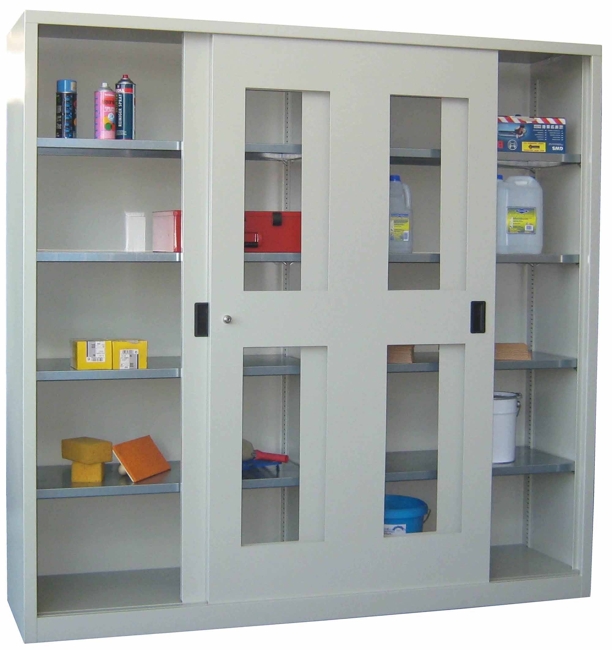 Schiebetürenschrank mit Sichtfenstertüren, 4xgepulv. Einlegeböden, 1950x1000x500mm HxBxT, Lichtgrau