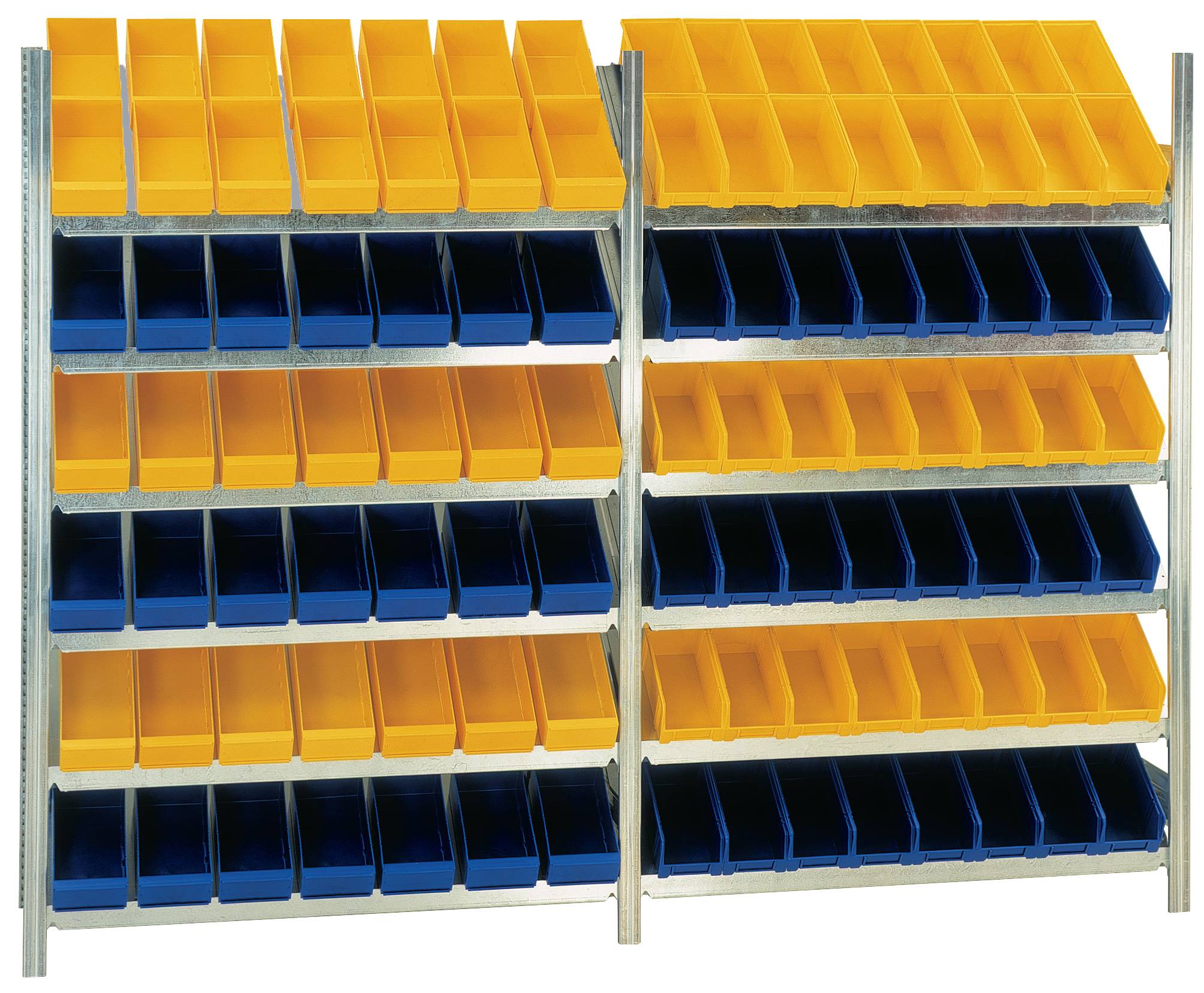Schrägbodengrundregal SBR609, 2000x1360x535mm HxBxT, verzinkt, Neigung 34°, 156 x KB300/93 Grün