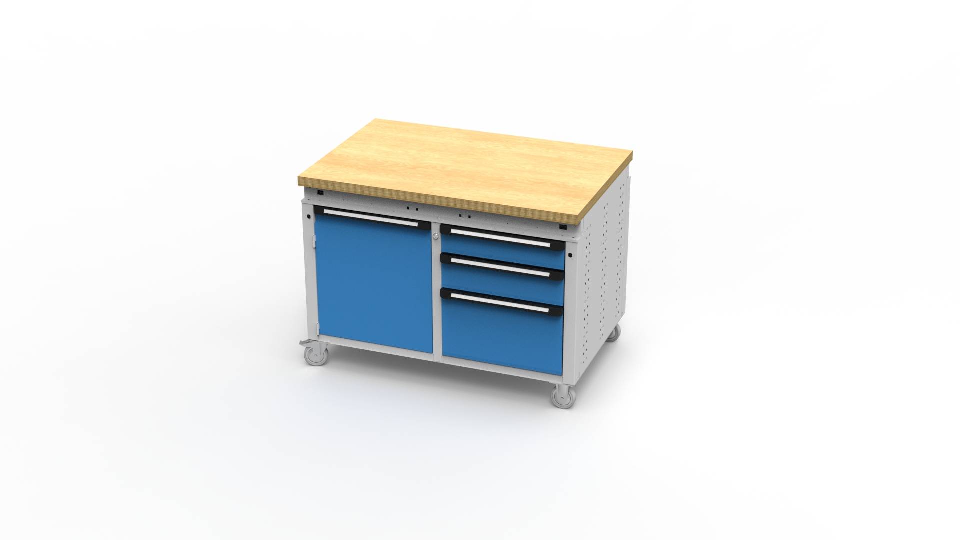 Werkbank Fahrbar T252, 1152x750x850mm BxTxH, 3 Schubl. + 1 Tür, Multiplex bündig, Lichtblau