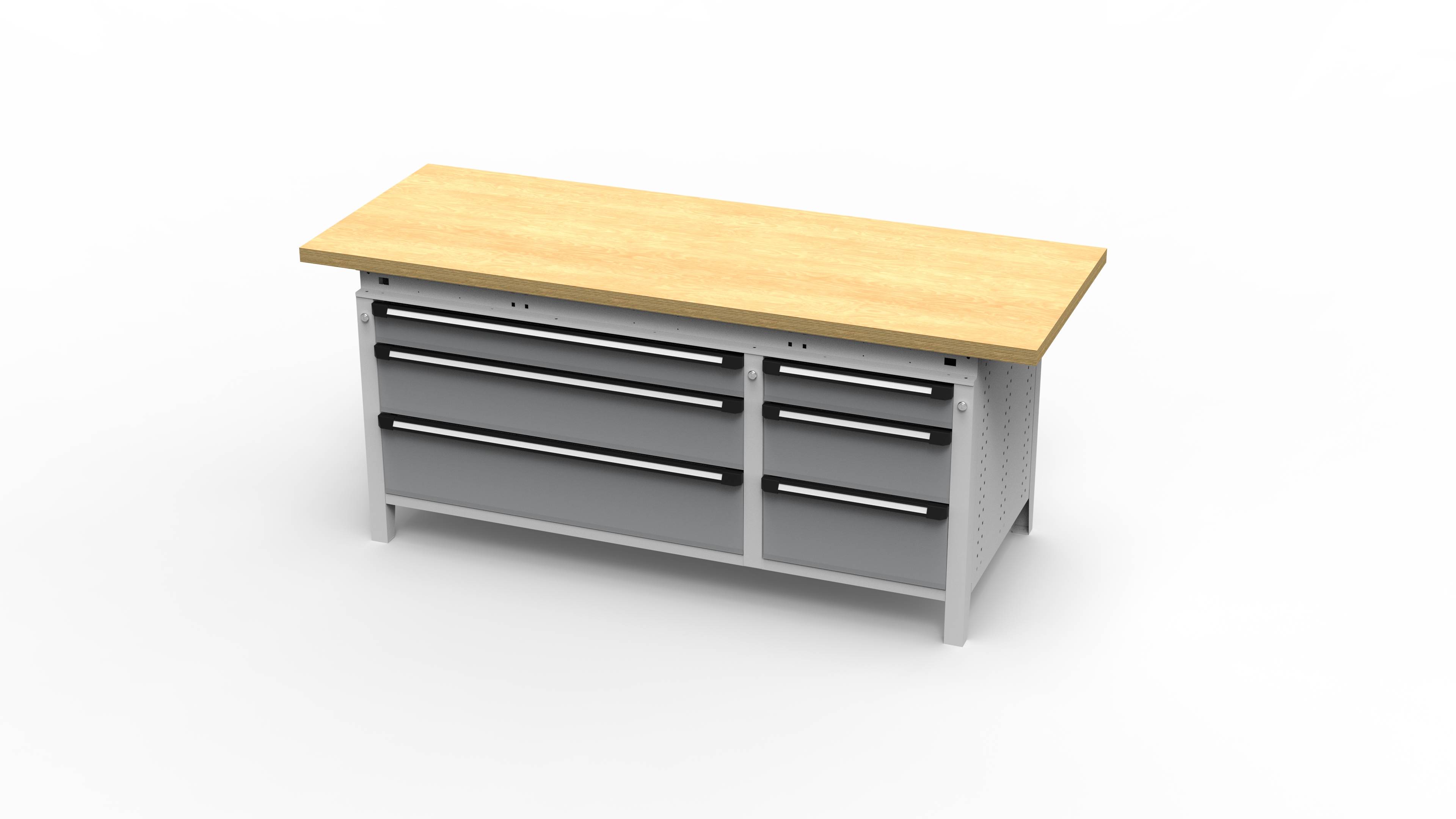 Breitfachwerkbank T425, 2004x750x850mm BxTxH, 6 Schubl., Multiplex überst, Lichtgrau/Weißaluminium