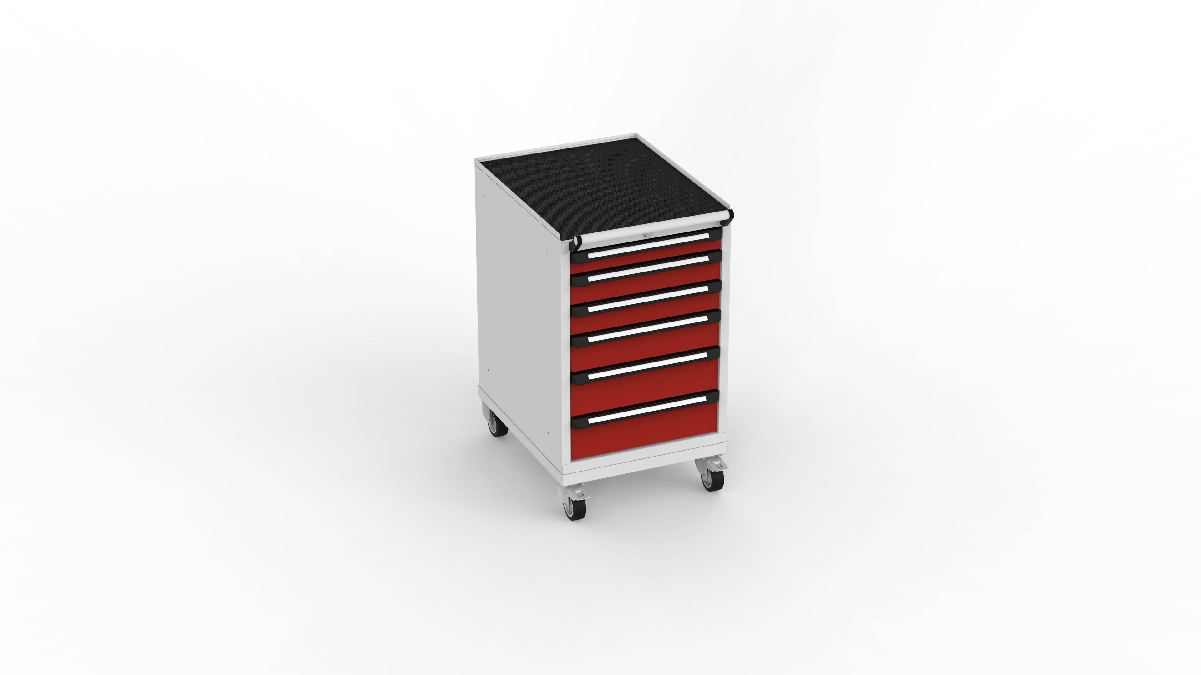 Schubladenschrank T505, fahrbar, 565x700x970mm BxTxH, 6 Schubl., Lichtgrau/Feuerrot