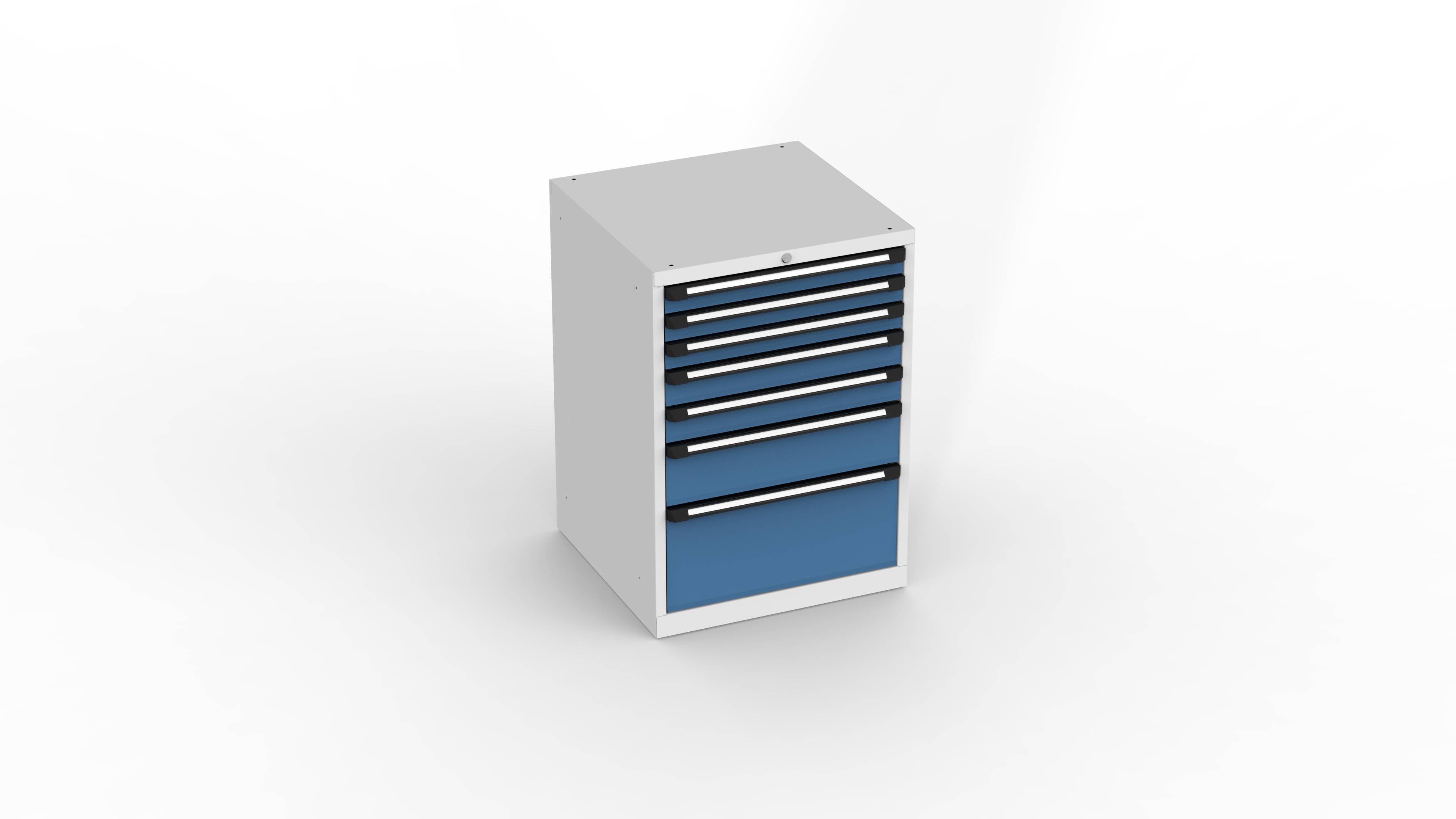 Schubladenschrank T741, schwerlast, 715x700x1010mm BxTxH, 7 Schubl., Lichtgrau/Fernblau