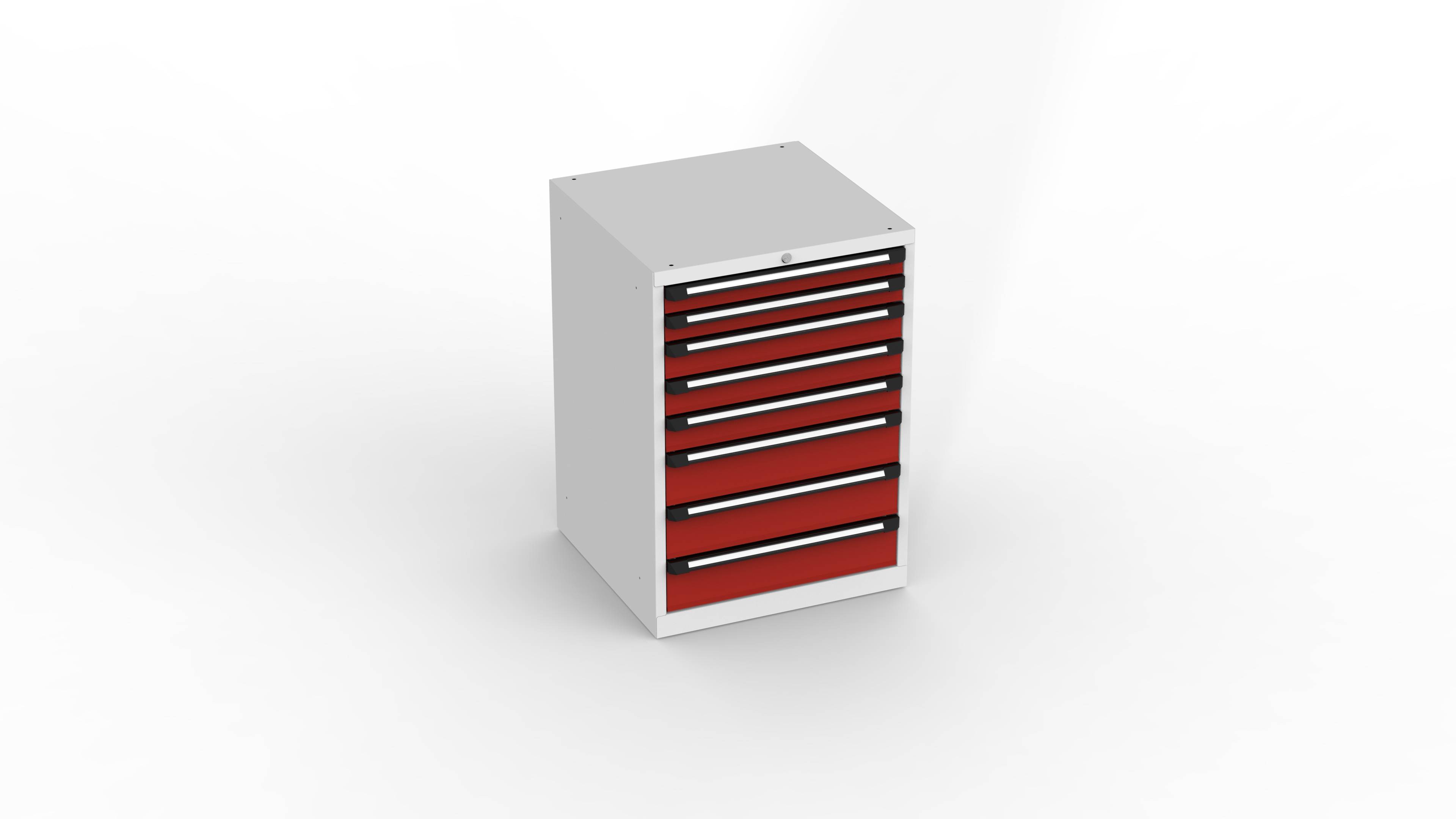 Schubladenschrank T746, schwerlast, 715x700x1010mm BxTxH, 8 Schubl., Lichtgrau/Feuerrot