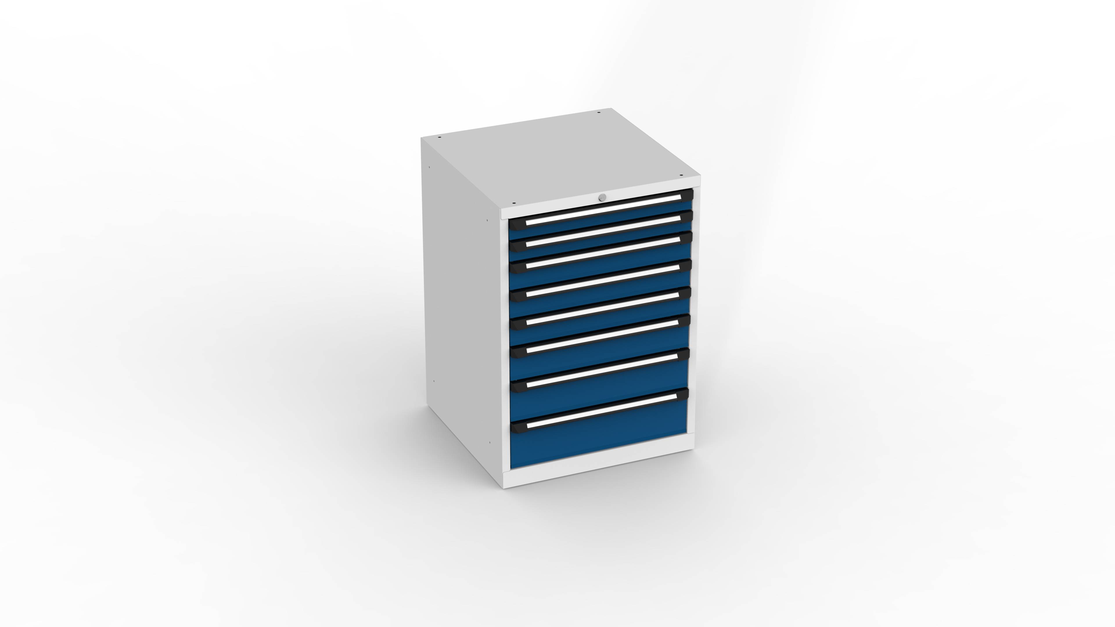 Schubladenschrank T751, schwerlast, 715x700x1010mm BxTxH, 8 Schubl., Lichtgrau/Enzianblau