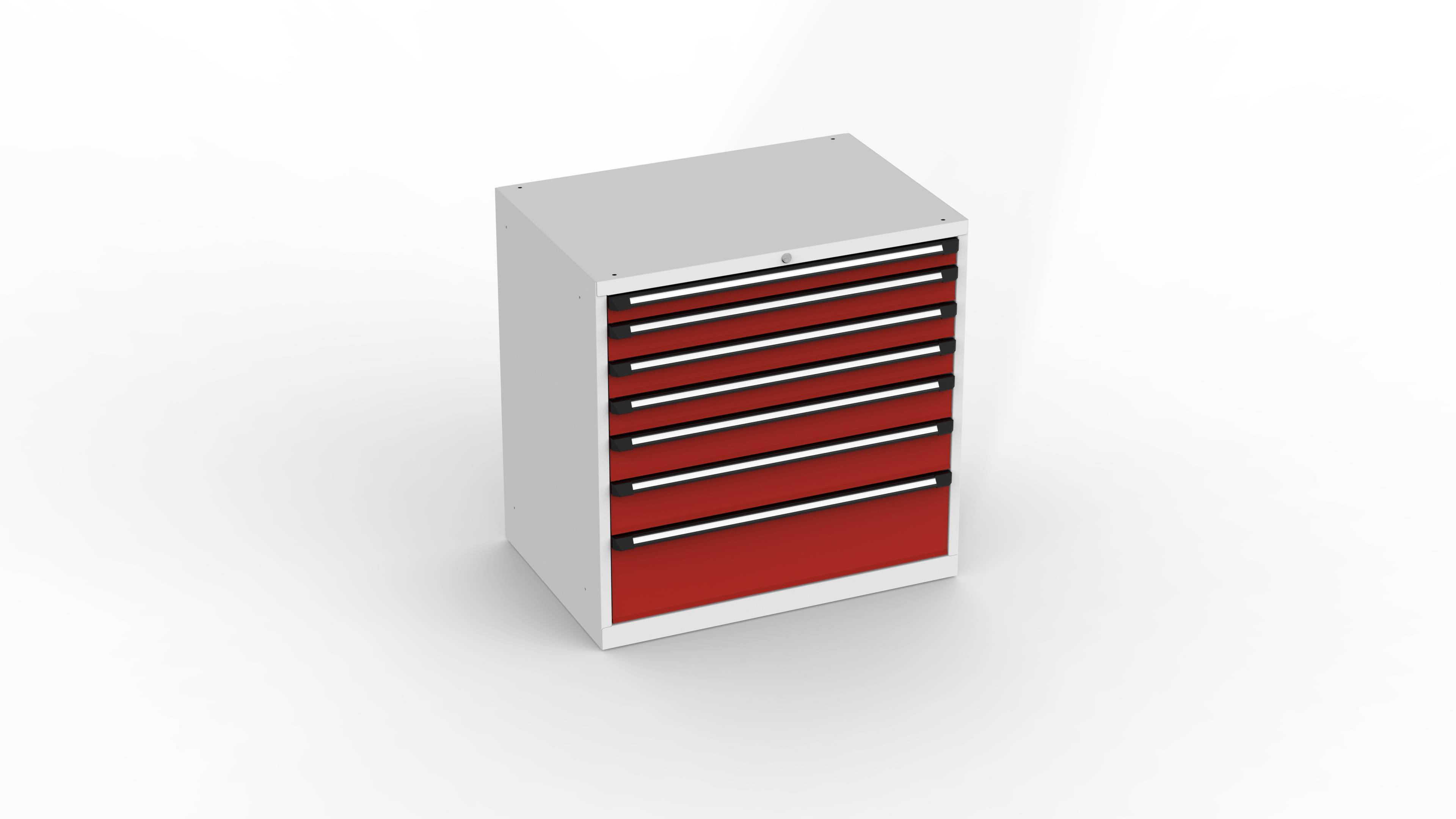 Schubladenschrank T1021, schwerlast, 1015x700x1010mm BxTxH, 7 Schubl., Lichtgrau/Feuerrot