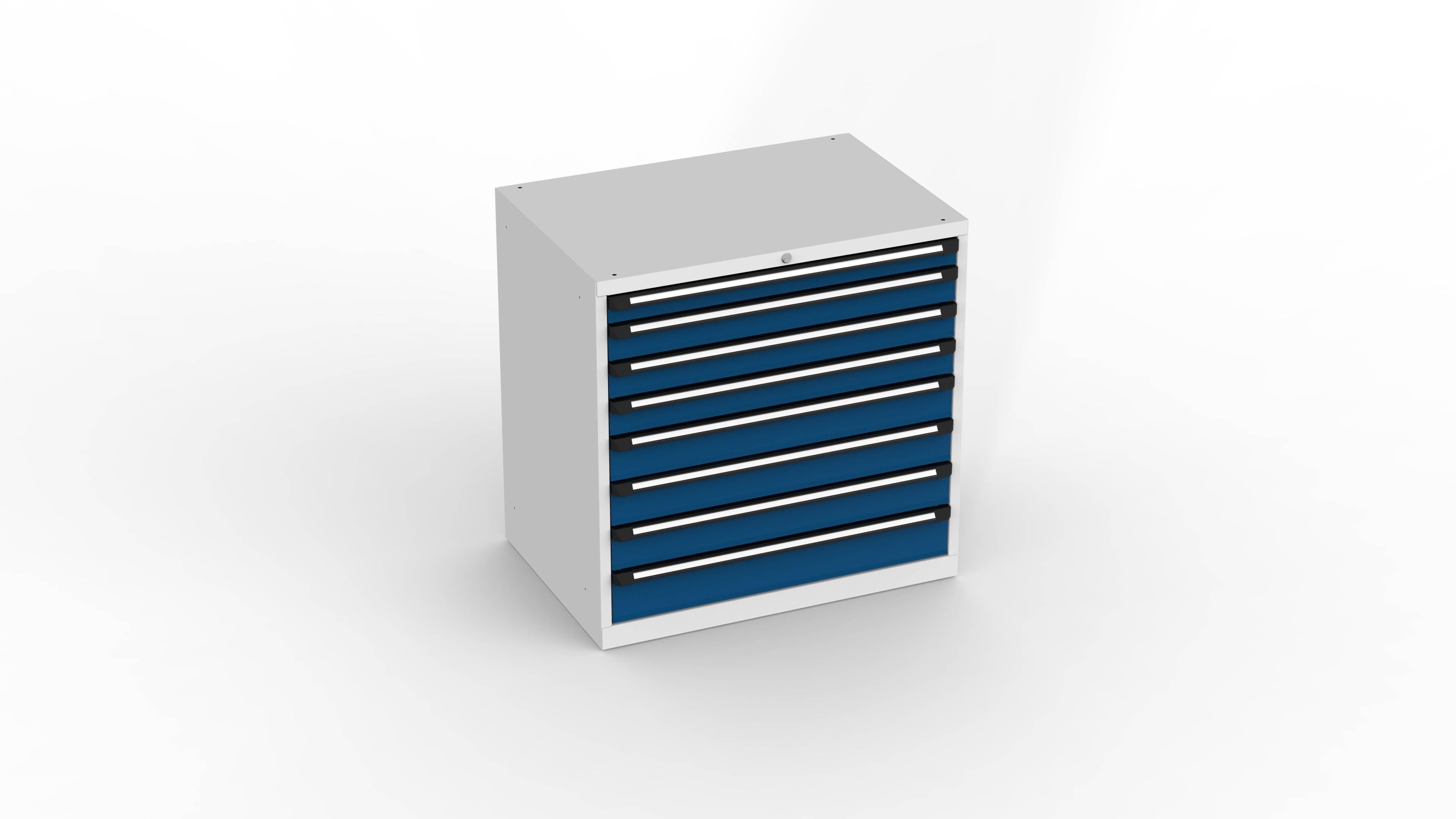 Schubladenschrank T1036, schwerlast, 1015x700x1010mm BxTxH, 8 Schubl., Lichtgrau/Enzianblau