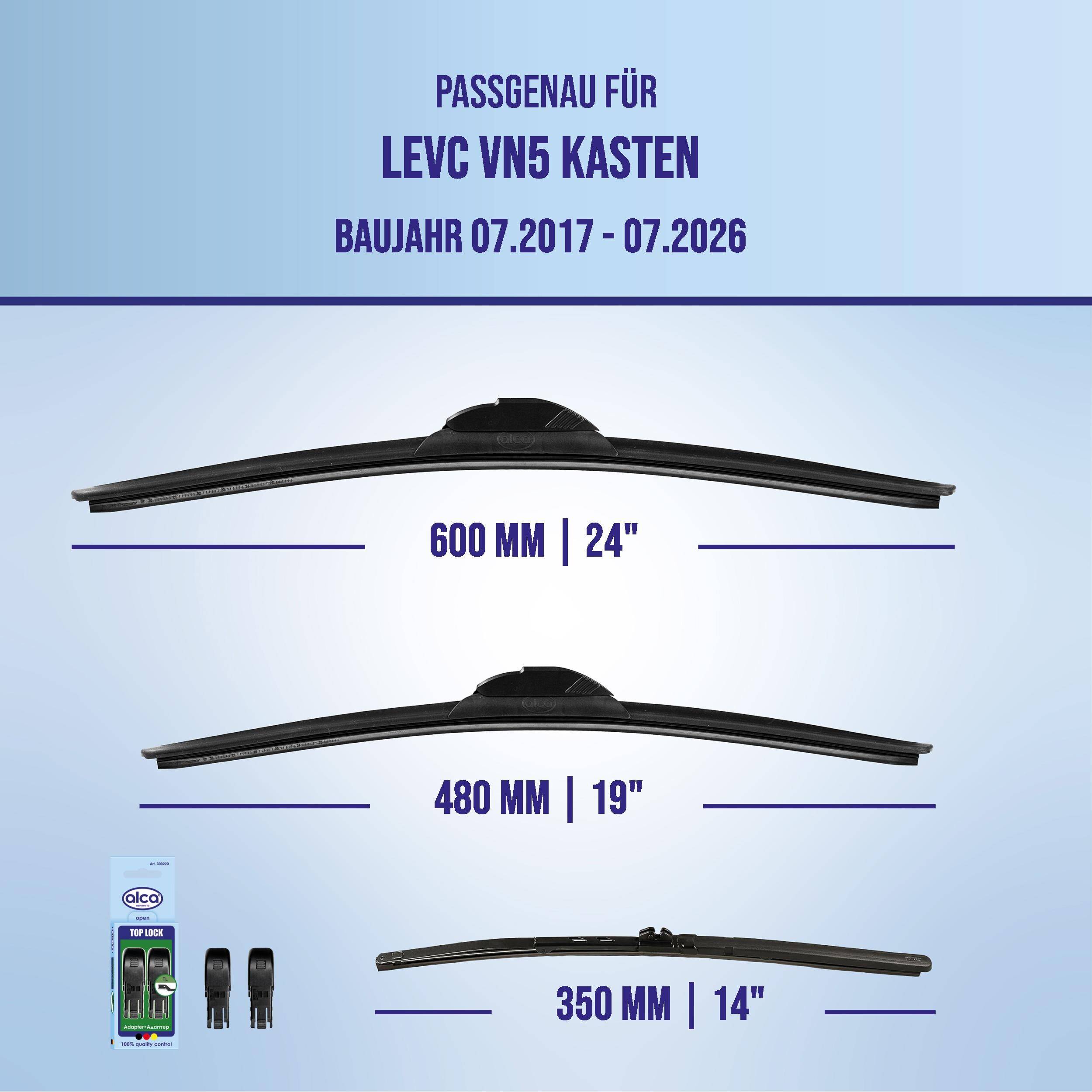 Grafik zeigt LEVC VN5-kompatible Scheibenwischer im Box-Format für Baujahre 07.2017-07.2026, in den Größen 600 mm, 480 mm und 350 mm.