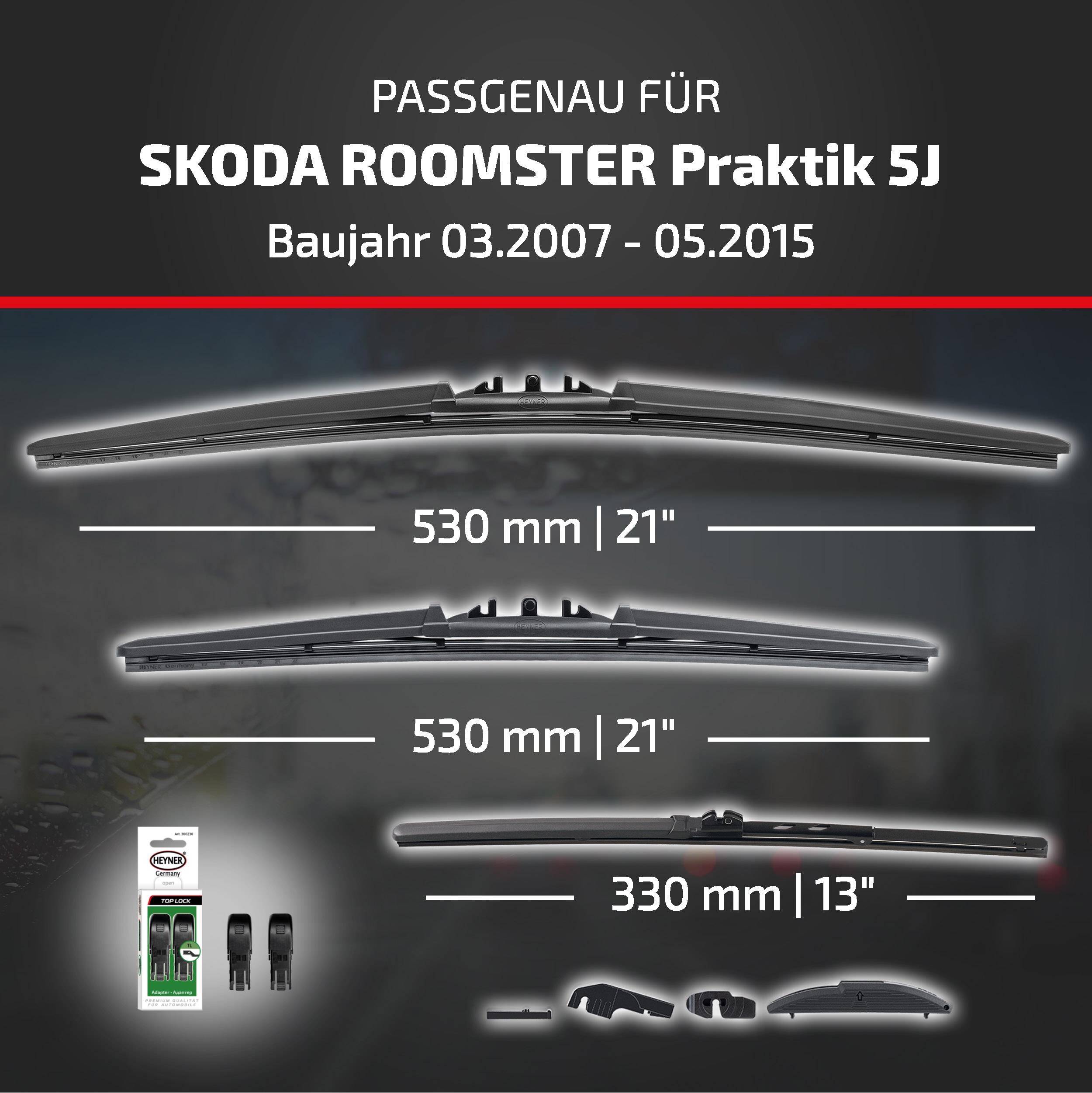 Kompatibilitätsleitfaden für SKODA ROOMSTER Praktik 5J, Modelljahre 03.2007–05.2015, mit Wischerblattgrößen: 530 mm (21