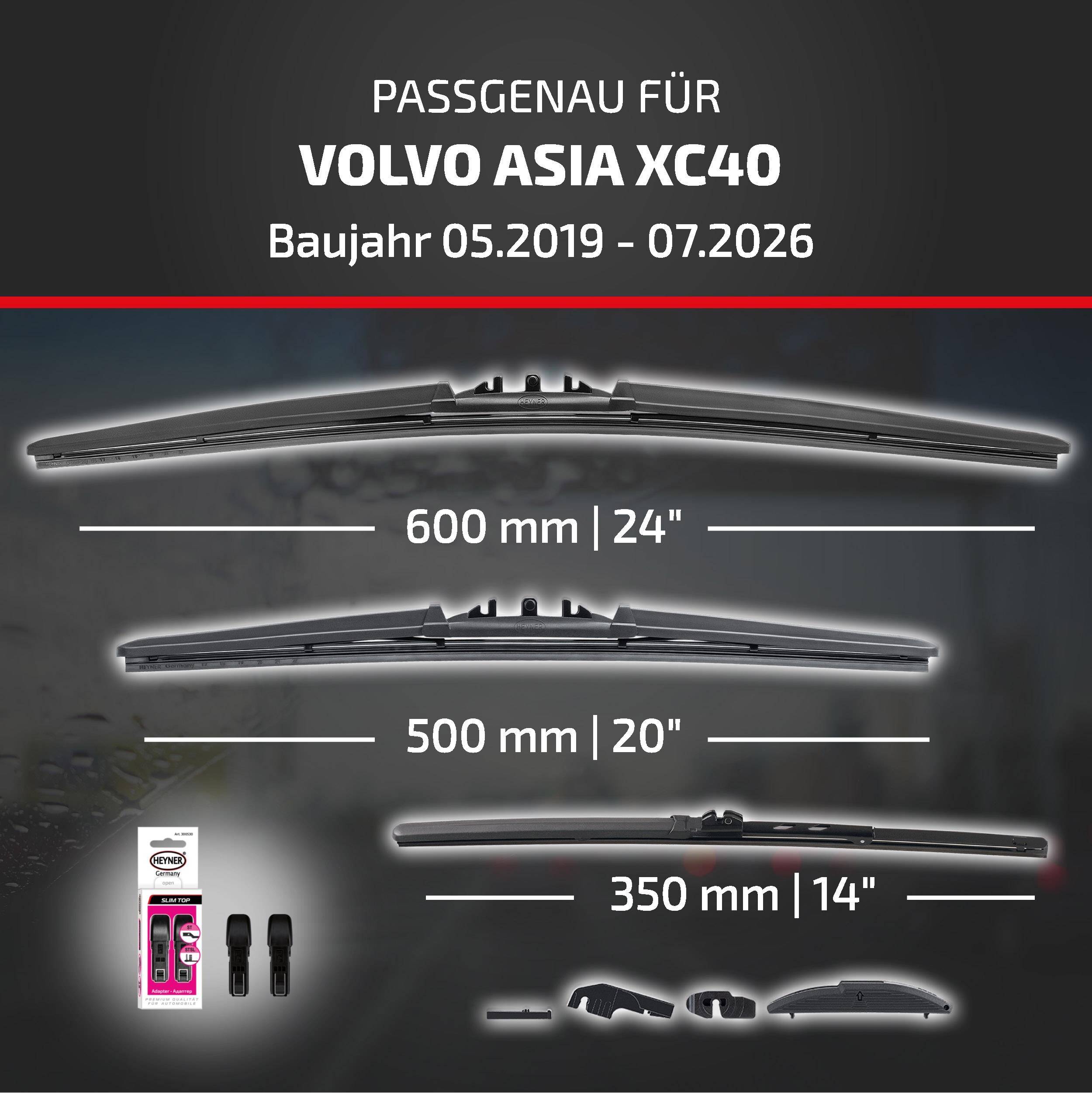HEYNER® Scheibenwischer Komplettset für VOLVO ASIA XC40 (05.2019 - 07.2026) HYBRID Flachbalkenwischer