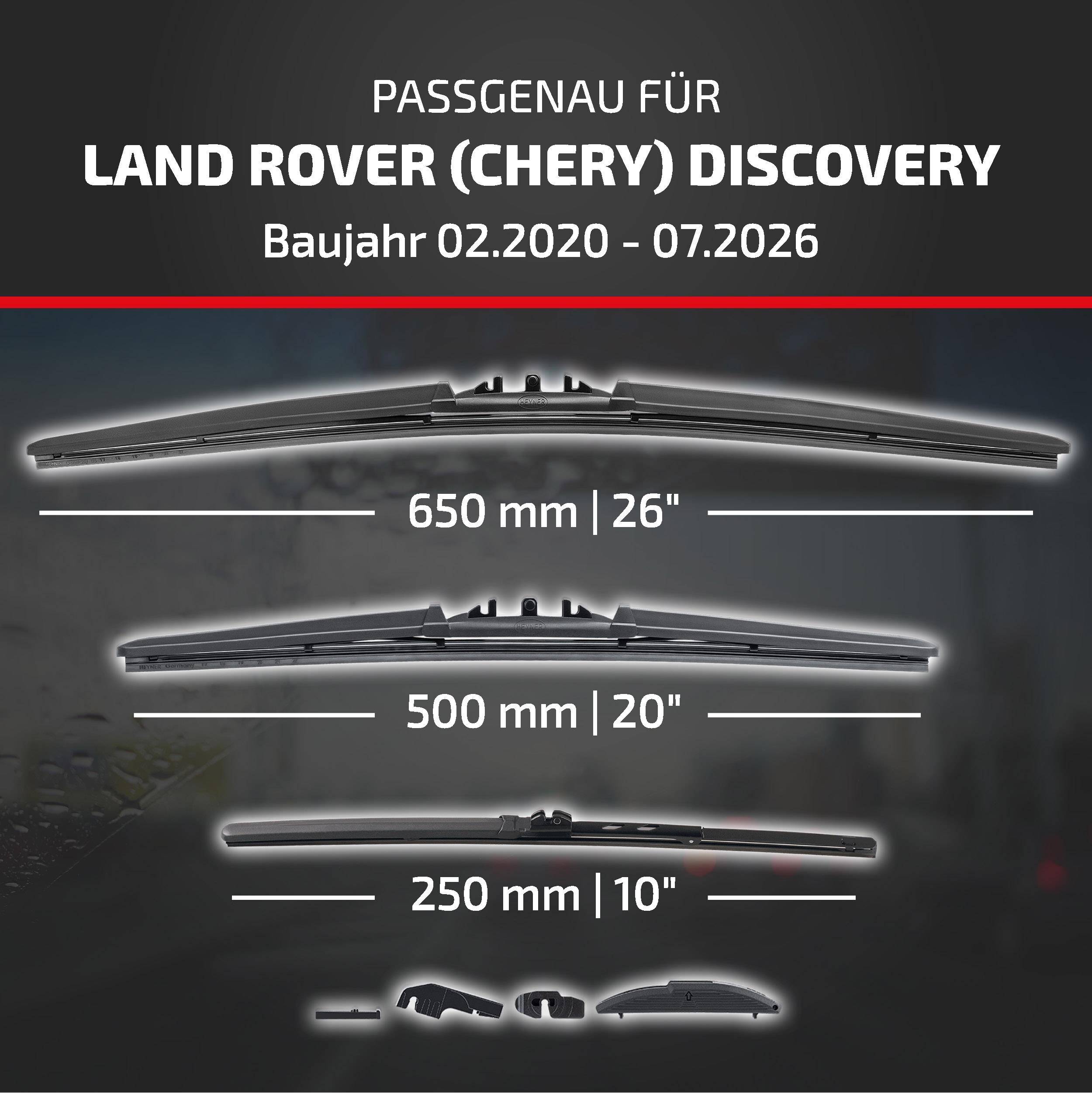 Kompatibilitätstabelle für Land Rover (Chery) Discovery, Modelljahre 02.2020–07.2026, zeigt Wischblatttlängen: 650 mm, 500 mm und 250 mm.