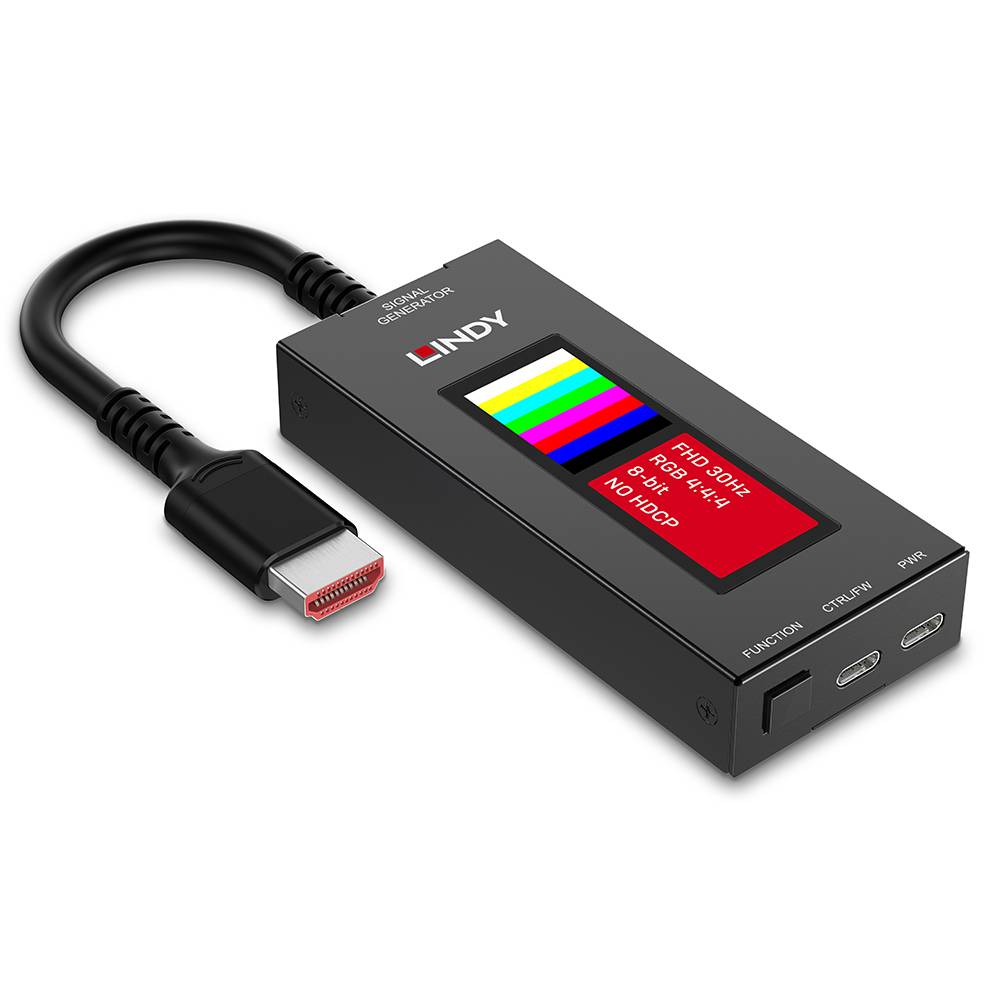Schwarzer LINDY HDMI-Signalgenerator mit kurzen Kabel und USB-C-Stecker, der ein Farbtest-Muster auf seinem Bildschirm anzeigt.