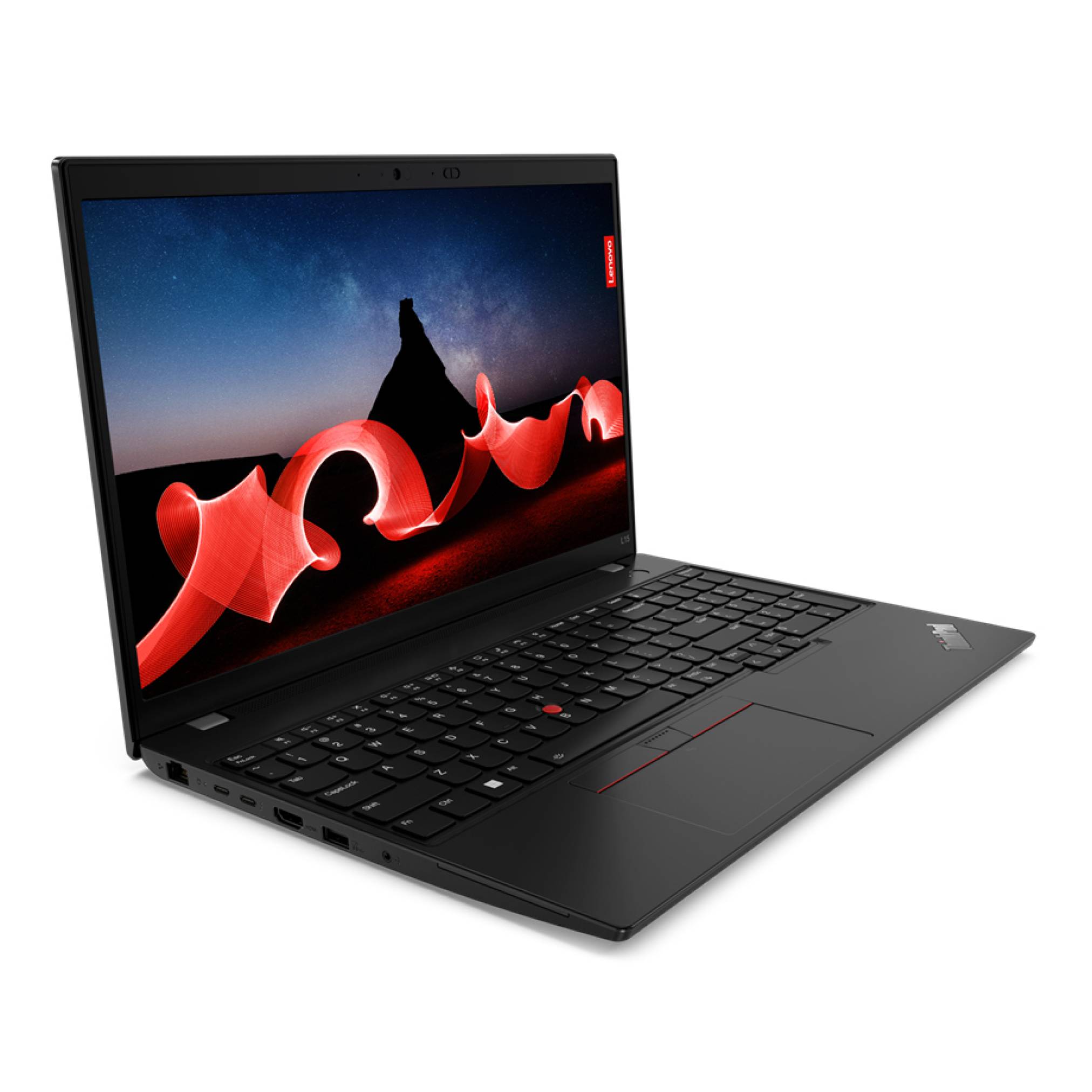 Schwarzer Lenovo-Laptop in einem Winkel geöffnet, zeigt eine rote abstrakte Tapete auf dem Bildschirm.