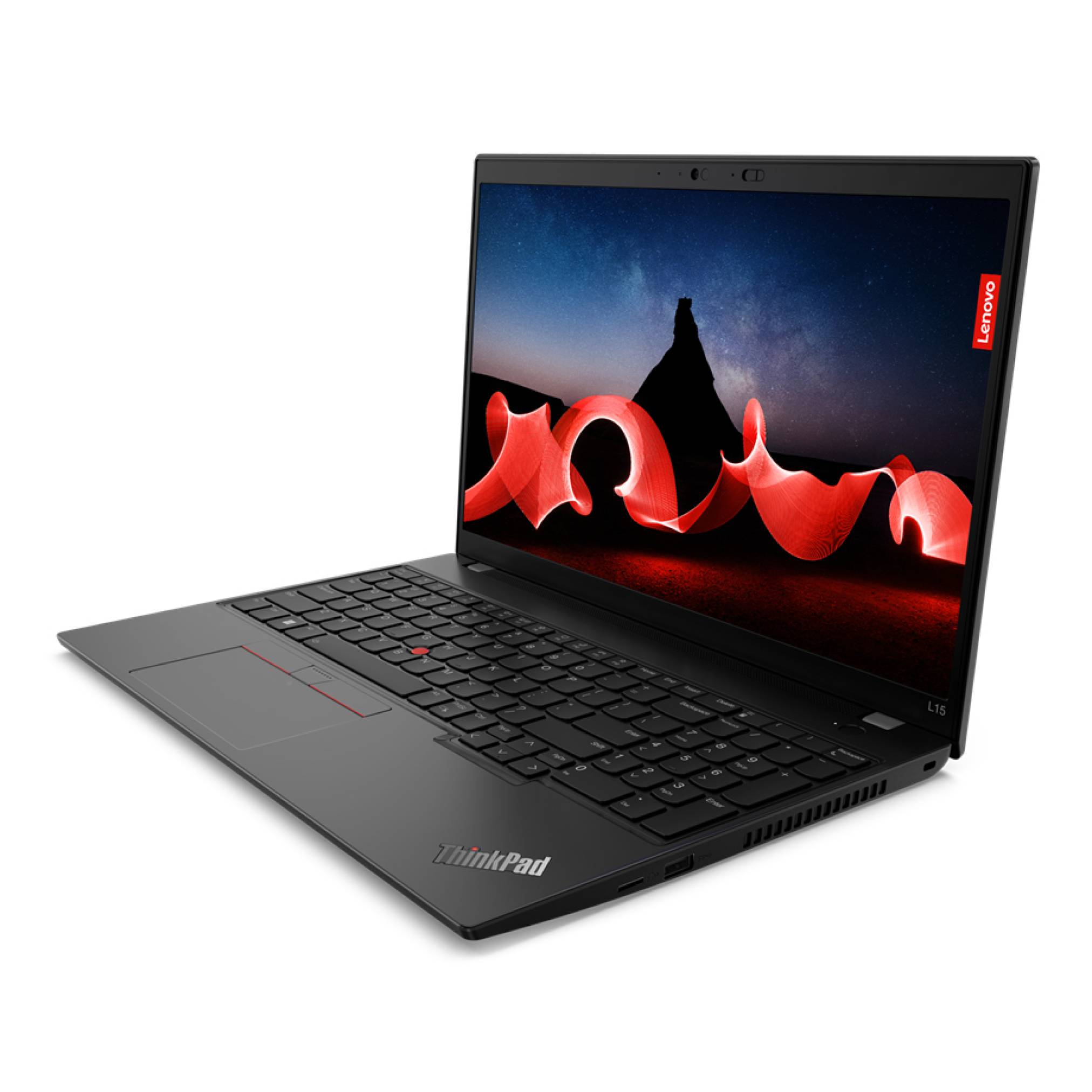 Schwarzes Lenovo ThinkPad-Laptop, das in einem Winkel geöffnet ist und eine rote abstrakte Tapete auf dem Bildschirm zeigt.