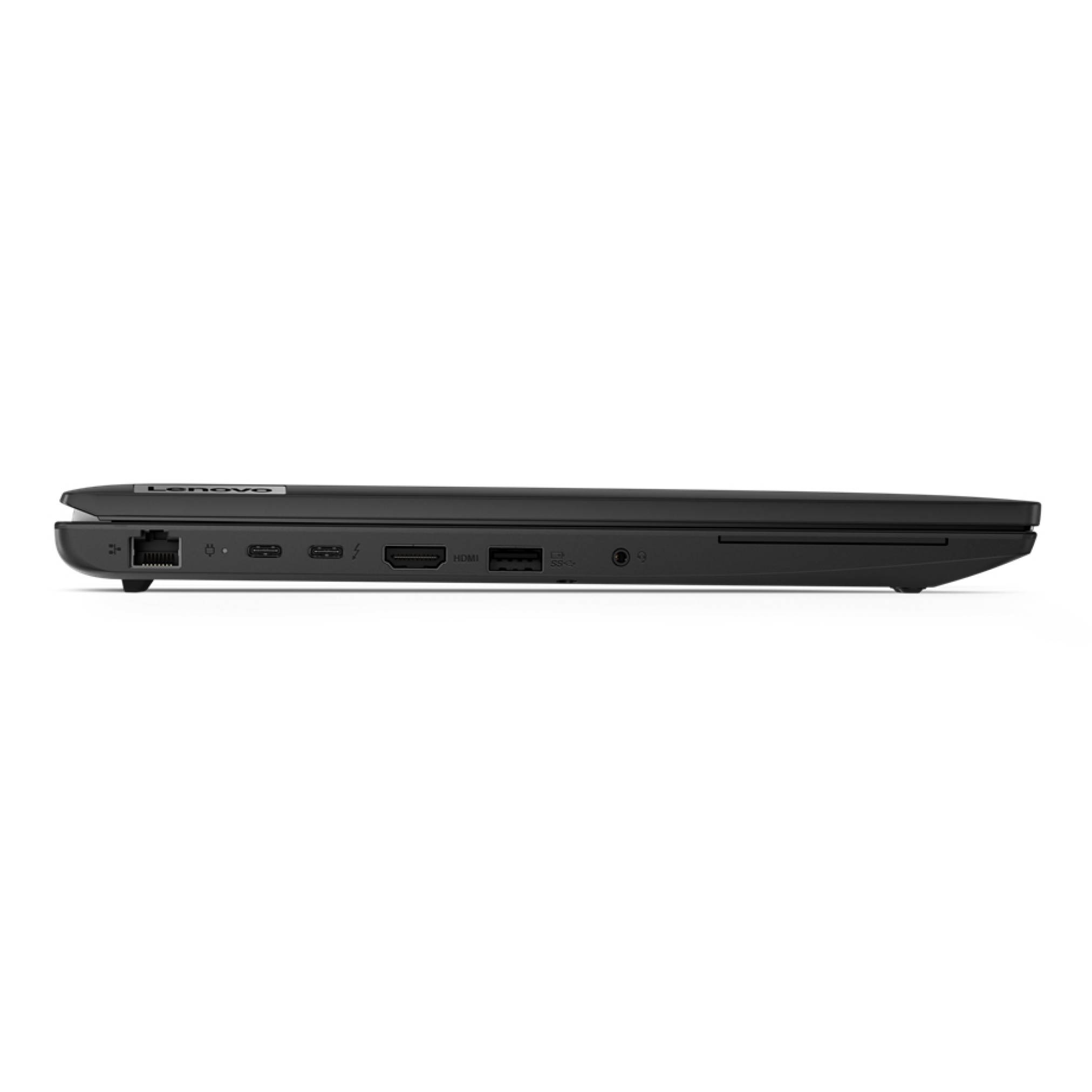 Seitenansicht eines geschlossenen schwarzen Laptops, der die Anschlüsse auf der linken Seite zeigt, darunter Ethernet, USB, HDMI und Audiobuchse.
