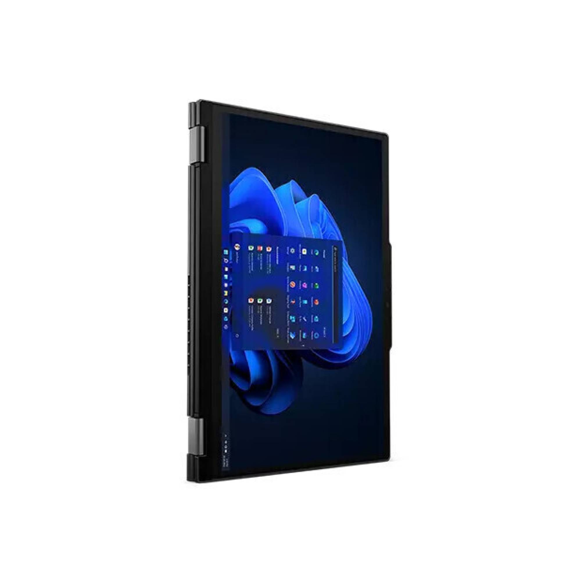 Ein schwarzer 2-in-1-Laptop/Tablet im Zeltmodus mit Windows 11 auf dem Bildschirm.