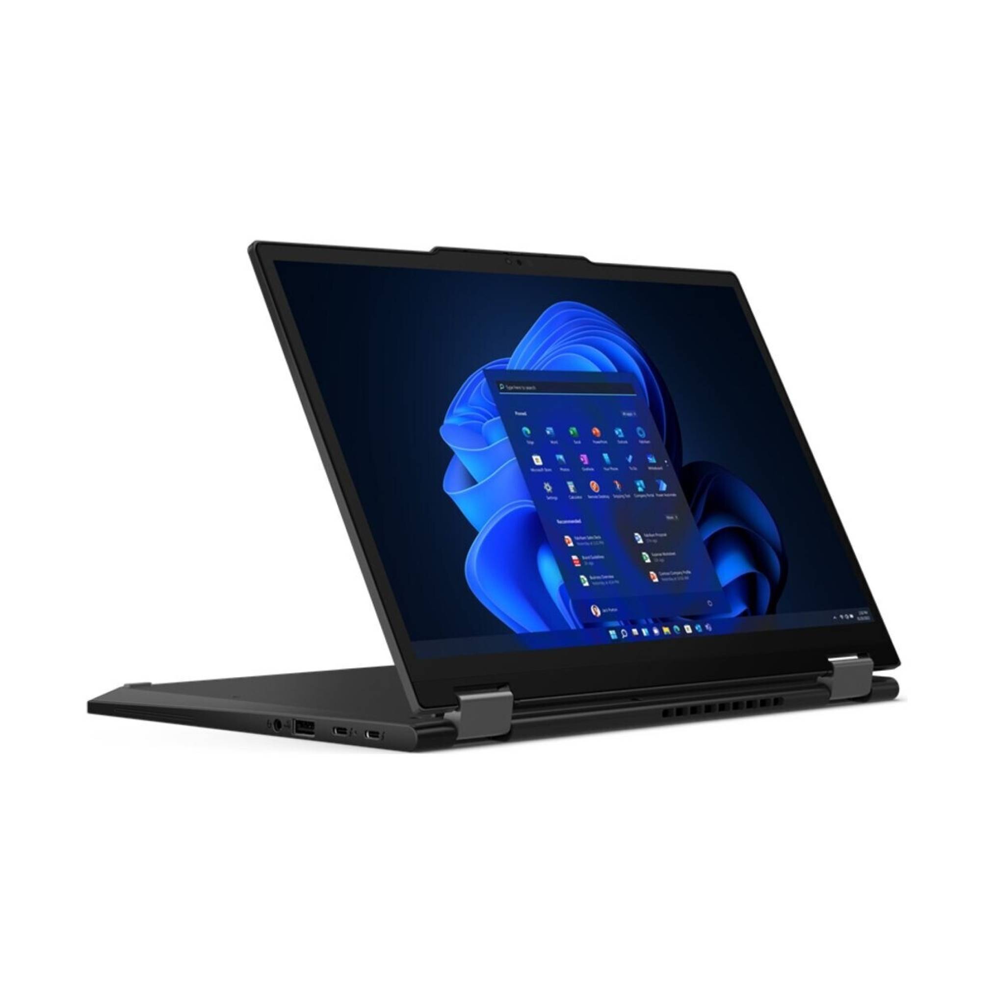 Convertible-Laptop im Zeltmodus, der den Windows-11-Desktop auf einem blauen abstrakten Hintergrund anzeigt.