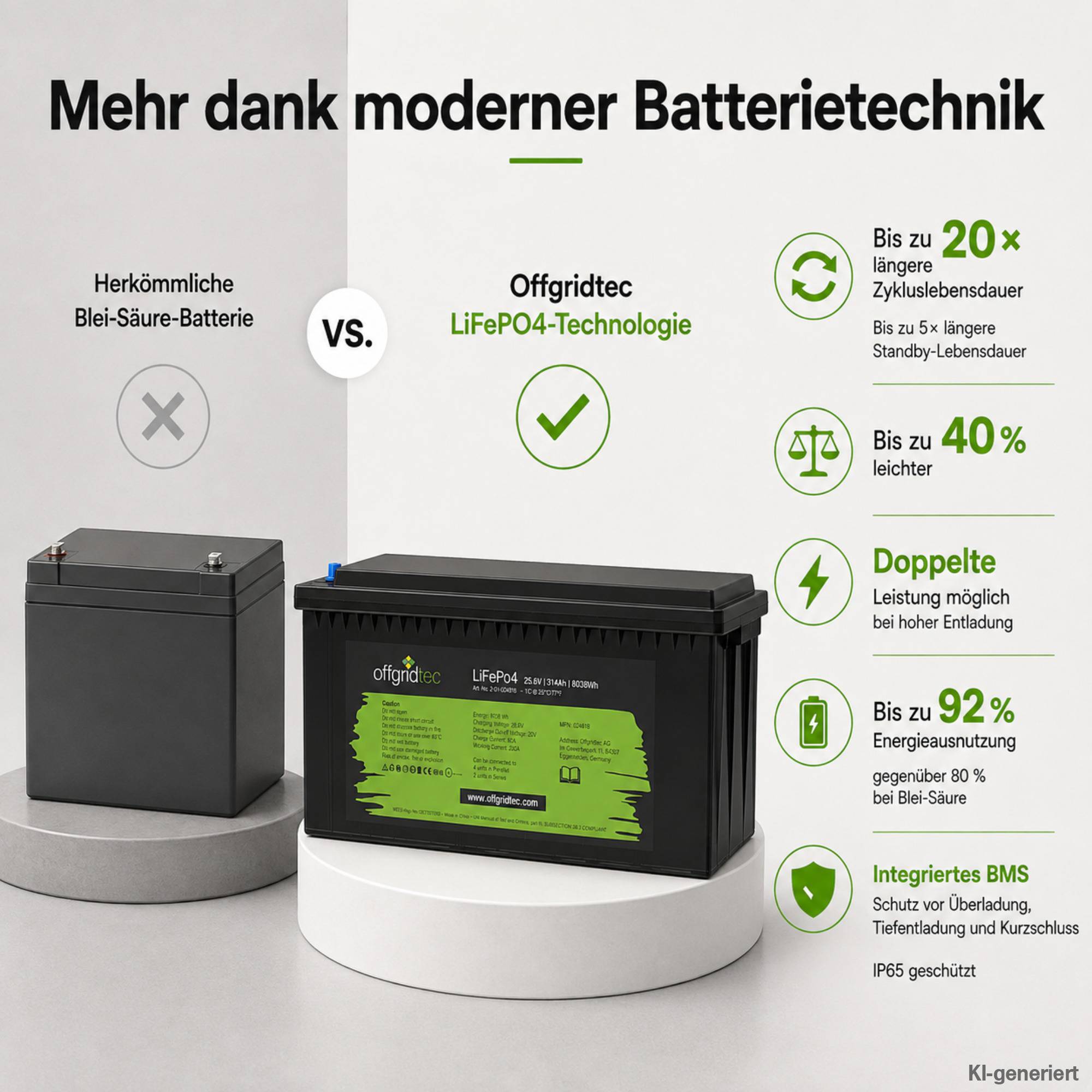 Vergleichsgrafik: Traditionelle Blei-Säure-Batterie versus Offgridtec LiFePO4-Batterie, mit Hervorhebung von längerer Lebensdauer, 40% weniger Gewicht, doppelte Entladeleistung, 92% nutzbare Energie und integriertes BMS.