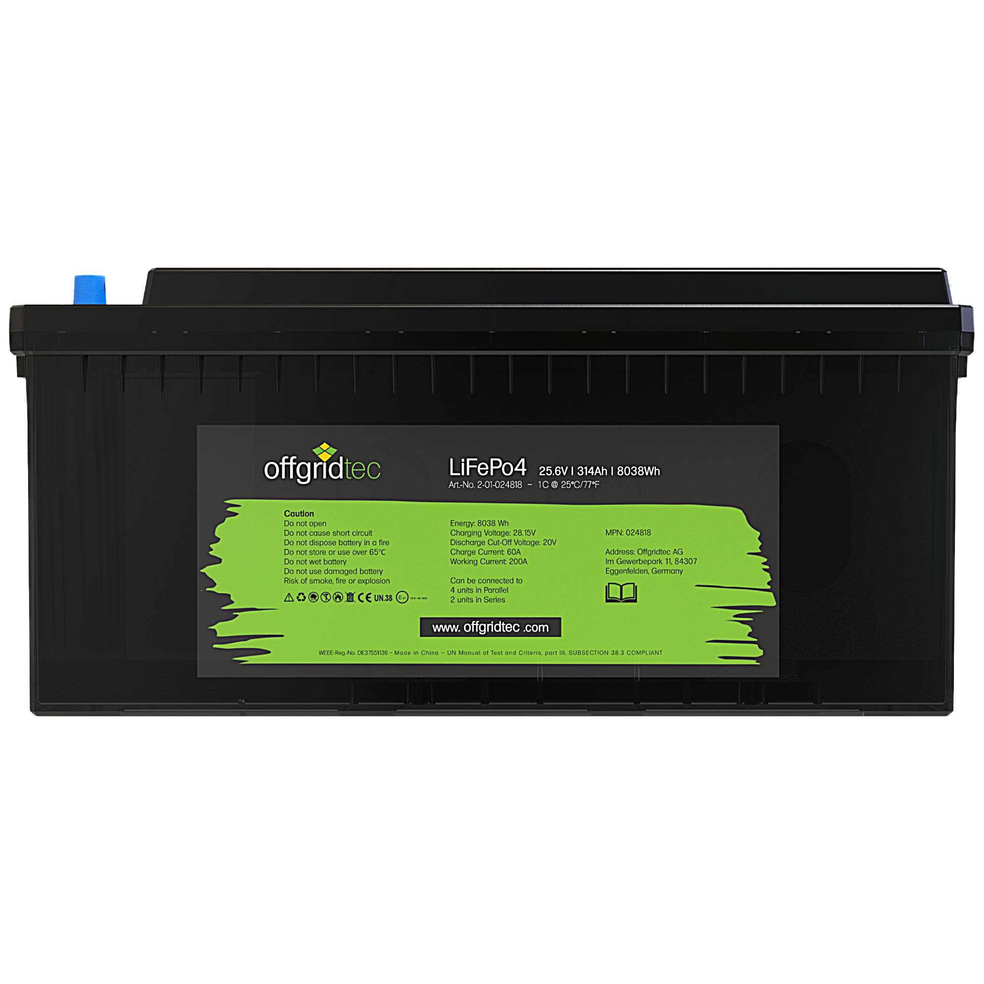 Schwarze Offgridtec LiFePo4 Batterie mit der Bezeichnung 25,6V 134Ah 8038Wh, Vorderansicht auf weißem Hintergrund.