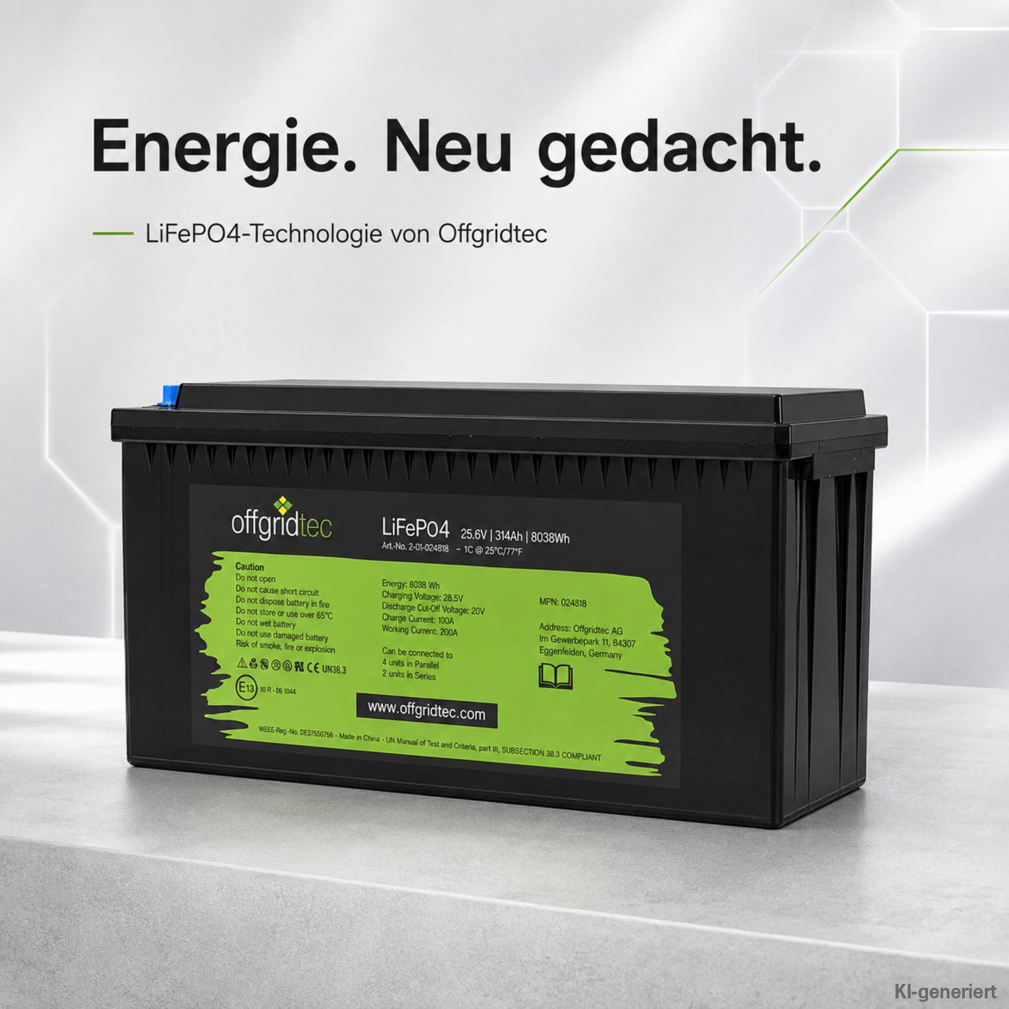 Offgridtec LiFePO4-Batterie mit deutschem Slogan „Energie. Neu gedacht.