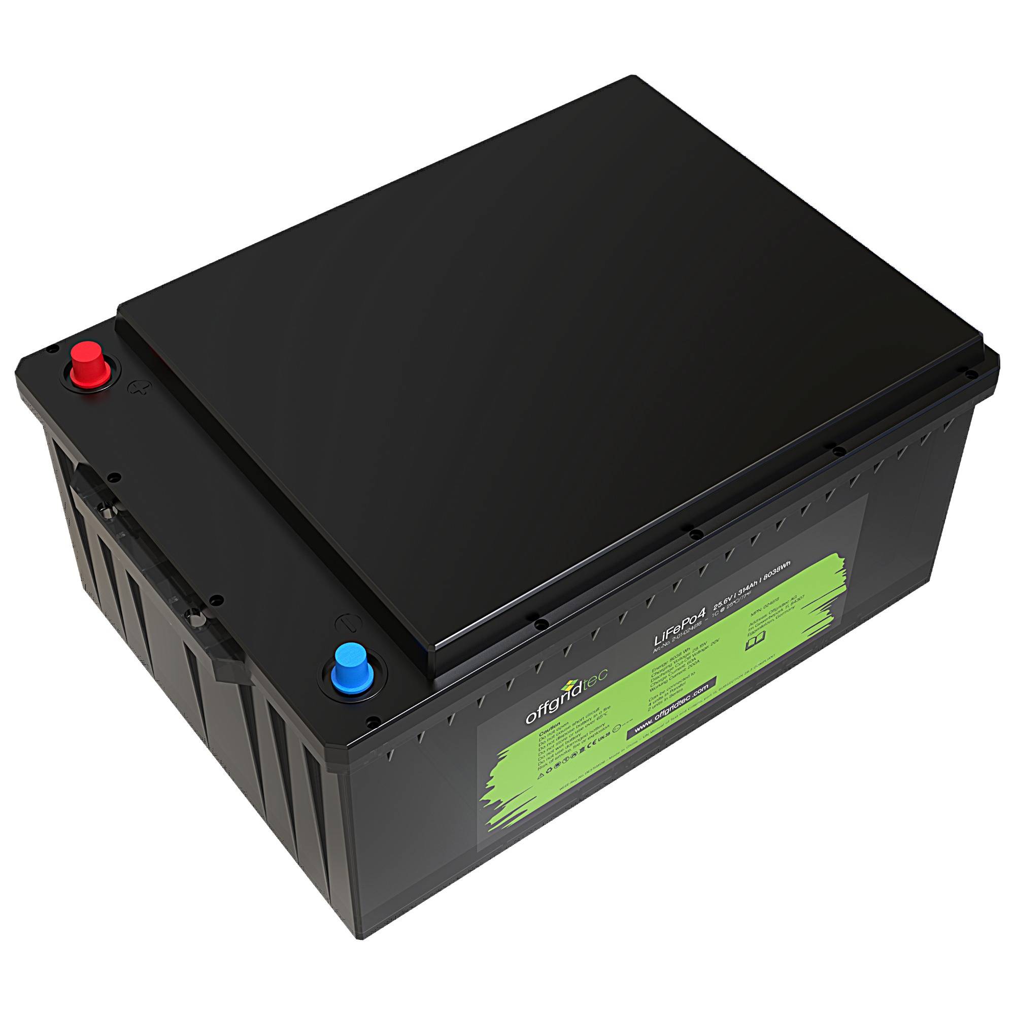 Schwarze wiederaufladbare Batterie mit roten und blauen Anschlüssen und einem grünen Etikett auf der Seite.