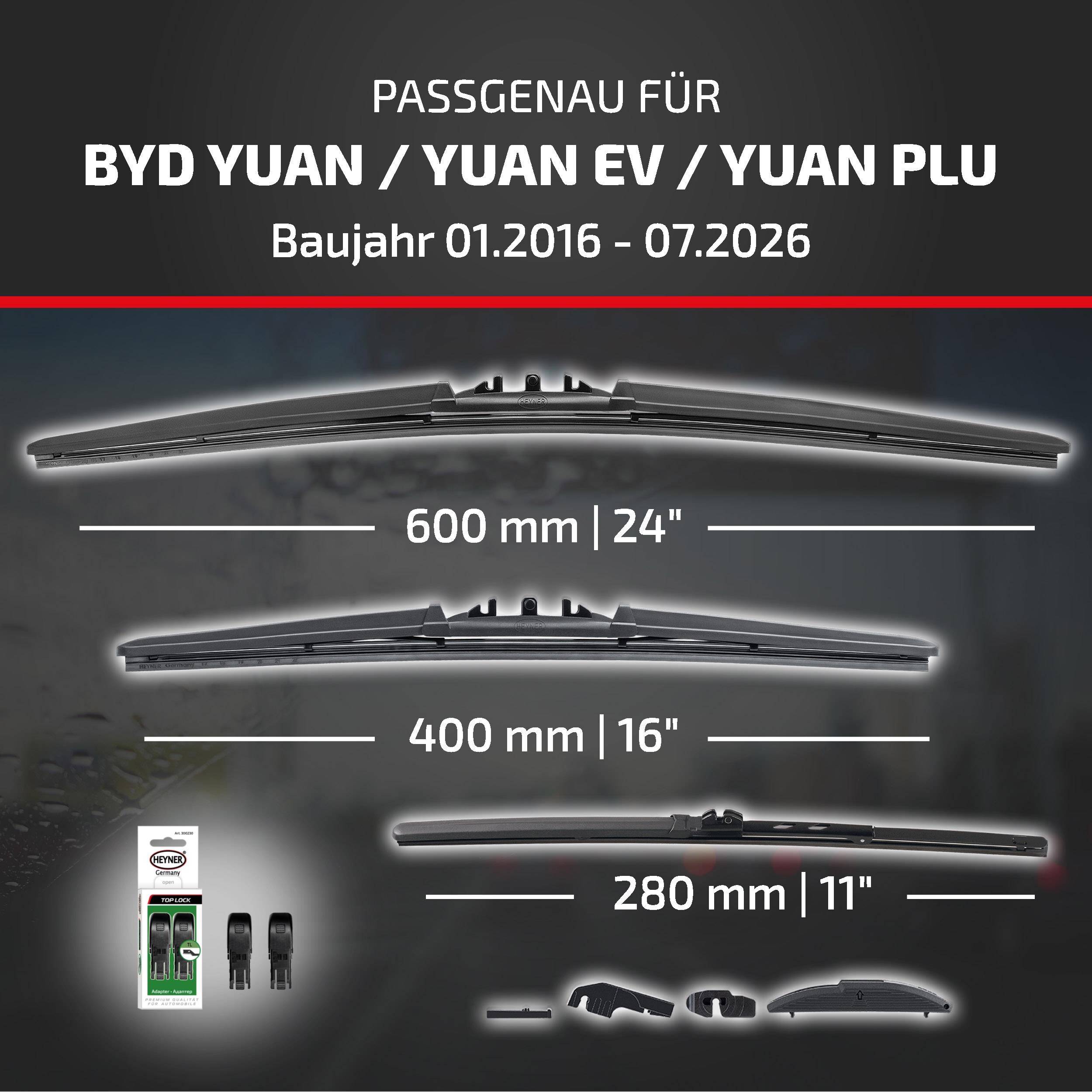 HEYNER® Scheibenwischer Komplettset für BYD YUAN / YUAN EV / YUAN PLUS 01.2016 - 08.2026, HYBRID Flachbalkenwischer,