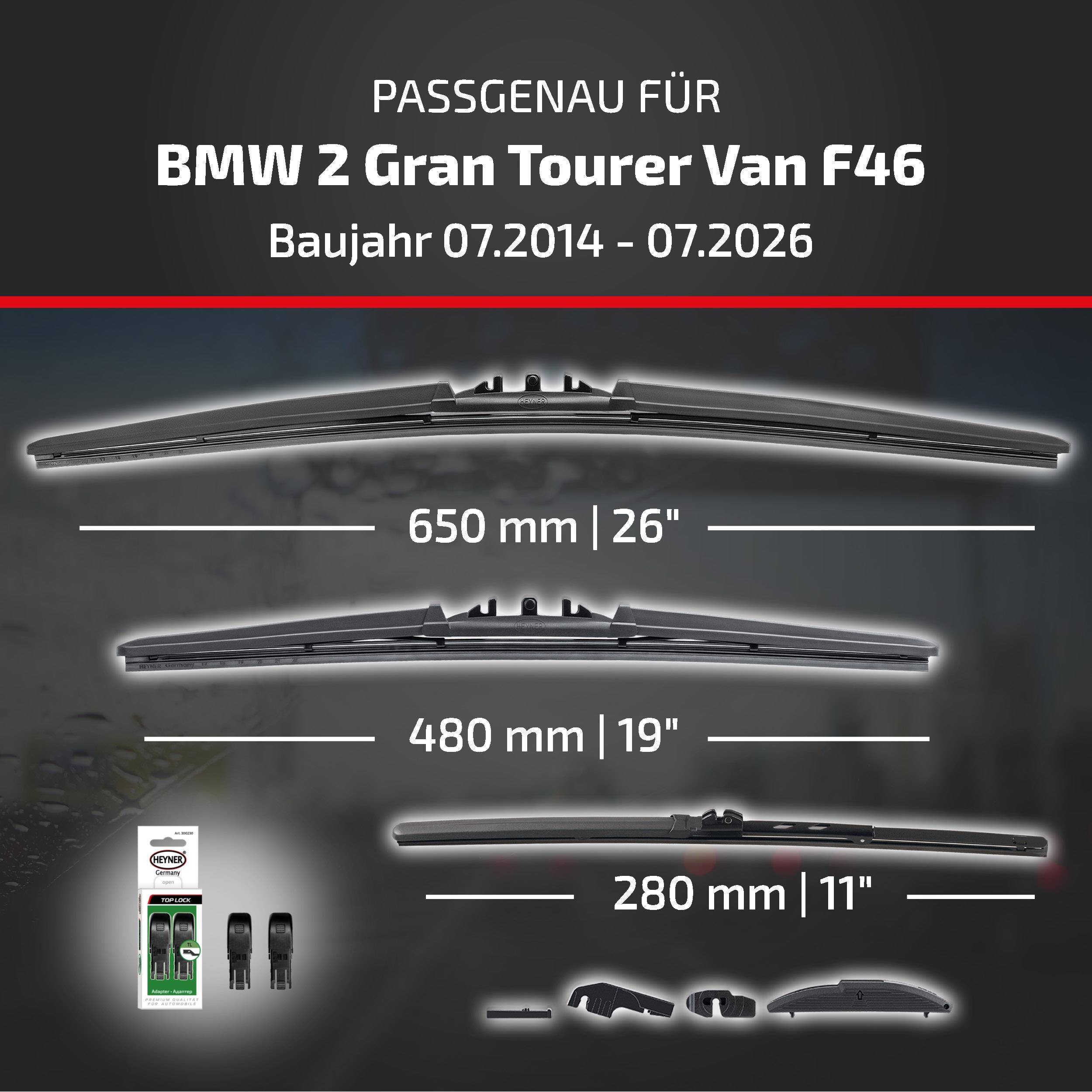 HEYNER® Scheibenwischer Komplettset für BMW 2 Gran Tourer Van 07.2014 - 08.2026, HYBRID Flachbalkenwischer,