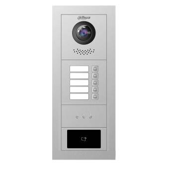 Ein silbernes Dahua-Videosprechanlage-Panel mit einer Kameralinse oben, Sprechergitter, fünf Ruftasten und einem unteren Zugangsleser/Display.