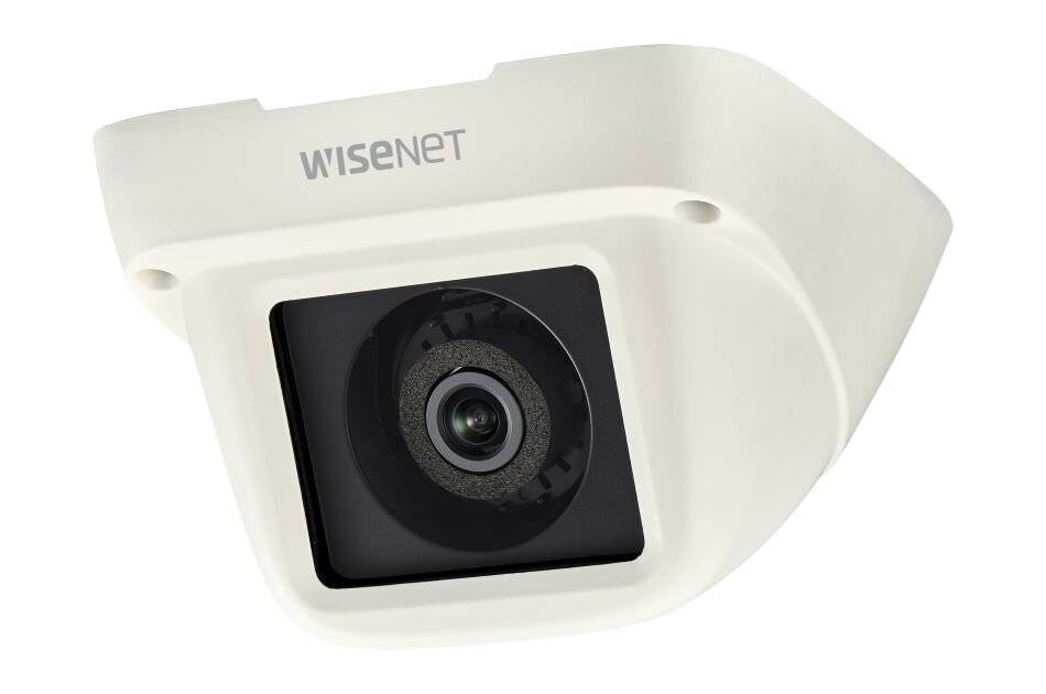 Weiße Wisenet-Sicherheitskamera mit quadratischem schwarzem Linsengehäuse, vor einem einfachen weißen Hintergrund dargestellt.