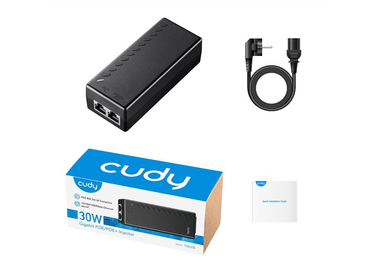 Cudy 30W Gigabit PoE-Injektor-Set mit schwarzem Injektor, Stromkabel, Einzelhandelsverpackung und Schnellinstallationsanleitung.