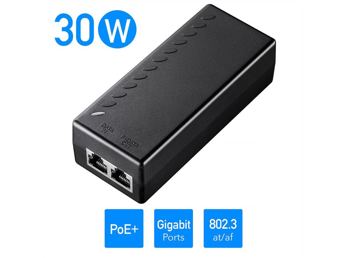 Schwarzer 30W PoE+ Gigabit-Stromeinspeisung mit 802.3af-Unterstützung und zwei Ethernet-Anschlüssen.