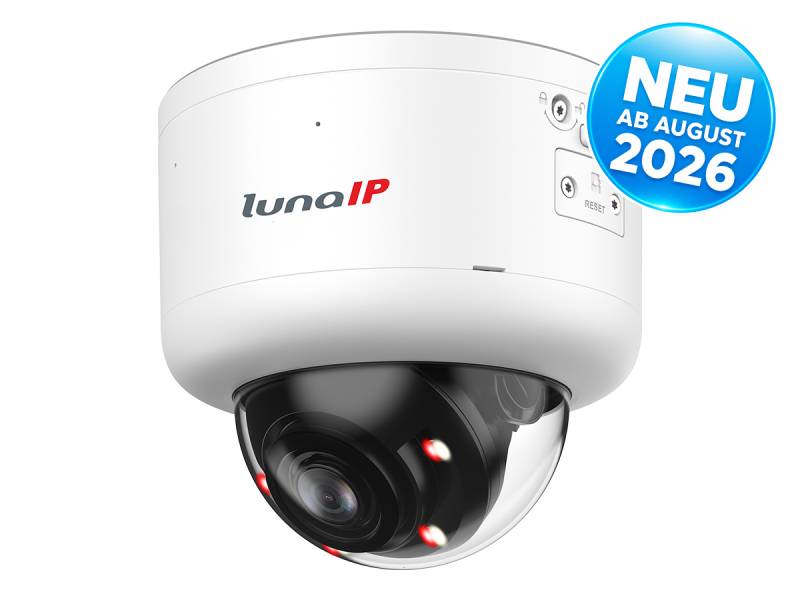 Weiße Luna IP-Kuppelsicherheitskamera mit schwarzem Objektiv und blauem „NEW AB AUG 2026