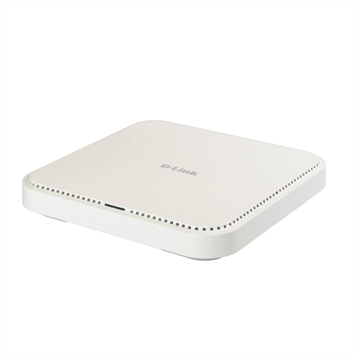 Weißer D-Link Wireless Router mit abgerundetem quadratischem Design auf einfachem weißem Hintergrund.
