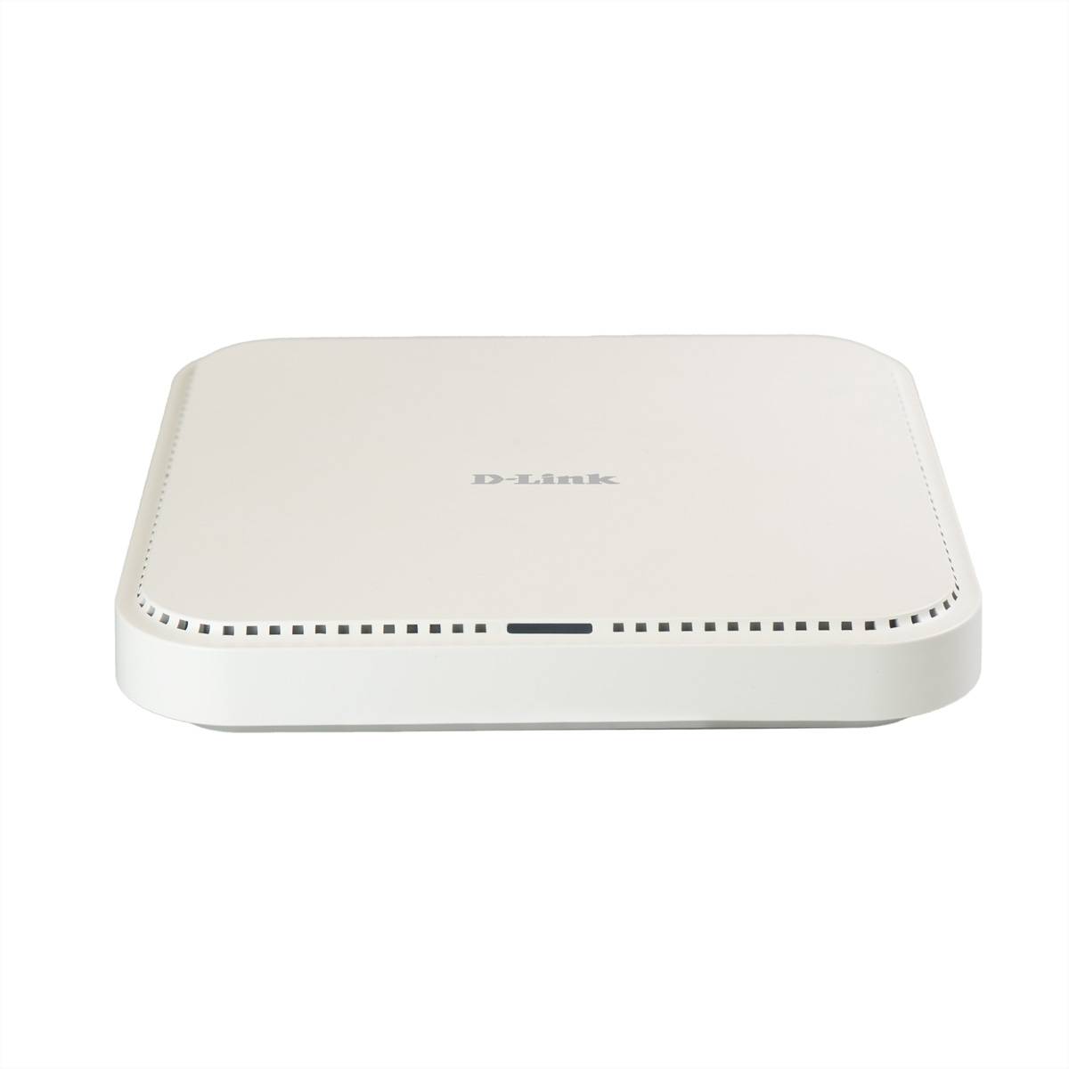 Weißer D-Link Wireless Router von oben auf einfachem weißem Hintergrund gesehen.