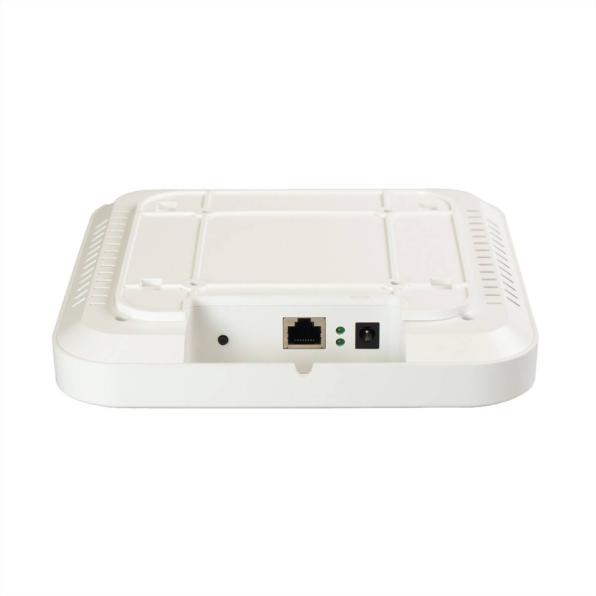 Rückansicht eines weißen Netzwerkgeräts oder Access Points mit Ethernet-Anschluss, Statusleuchten und Stromanschluss.