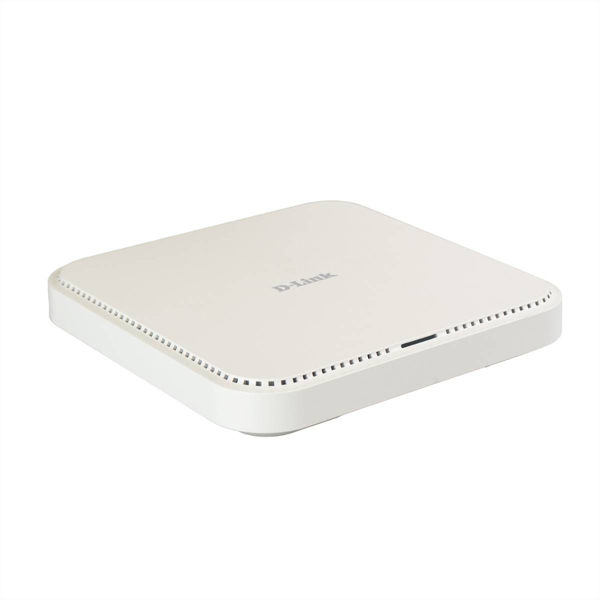 Weißes D-Link-Funknetzwerkgerät mit abgerundeter quadratischer Ausführung, in Perspektive auf einem einfarbigen Hintergrund dargestellt.