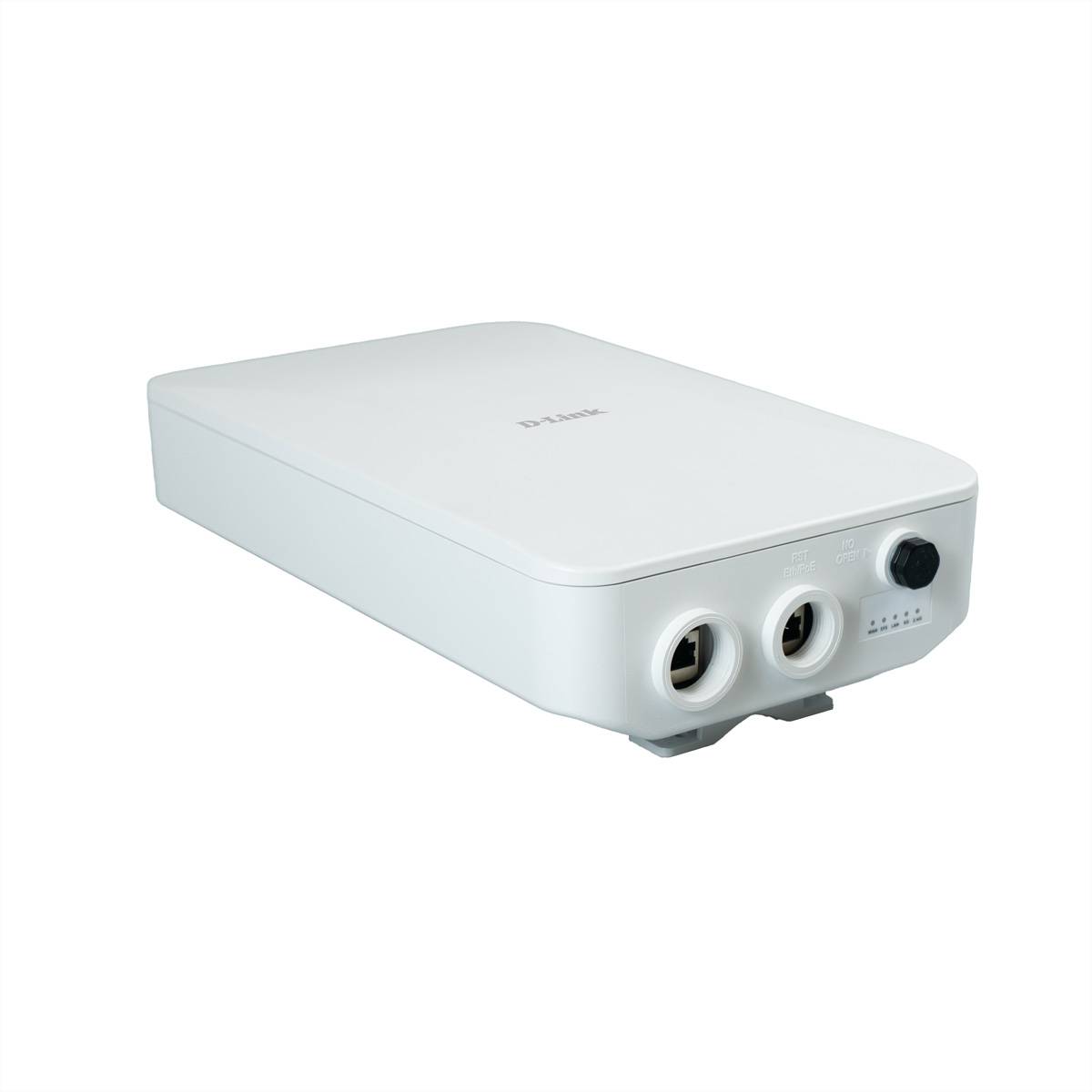 Weißes D-Link-Netzwerkgerät mit zwei vorderen Anschlüssen und einem schwarzen Drehknopf, dargestellt vor einem einfachen weißen Hintergrund.