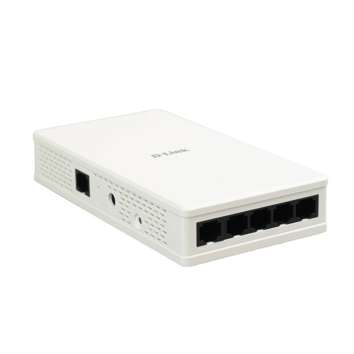 Weißer D-Link Netzwerk-Switch oder Router mit vier Ethernet-Anschlüssen und seitlichen Stromversorgungs-/Eingangsbuchsen, dargestellt vor einem einfachen Hintergrund.