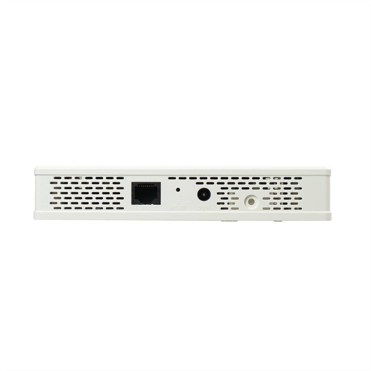 Rückansicht eines weißen elektronischen Geräts mit Belüftungsschlitzen, einem Ethernet-Port, einer Stromversorgungsbuchse und kleinen kreisförmigen Steckverbindern auf einem einfachen Hintergrund.