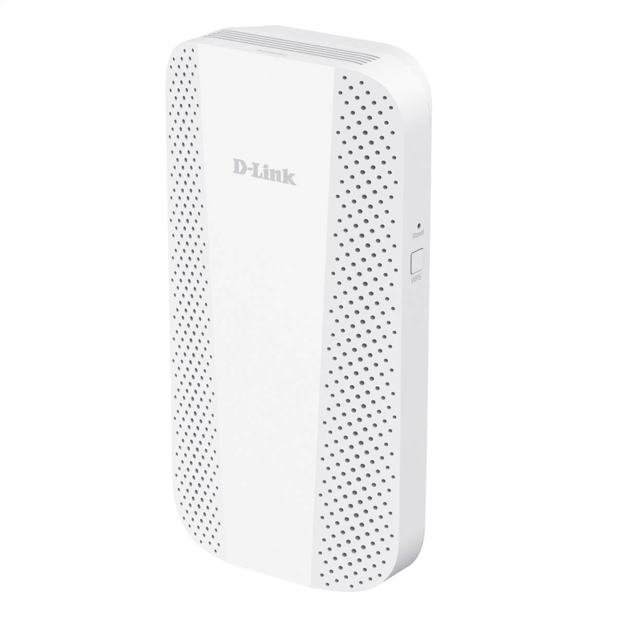 Weißer D-Link Wireless-Signalverstärker mit perforierten Seiten und einer kleinen seitlichen Taste, dargestellt vor einem einfachen Hintergrund.