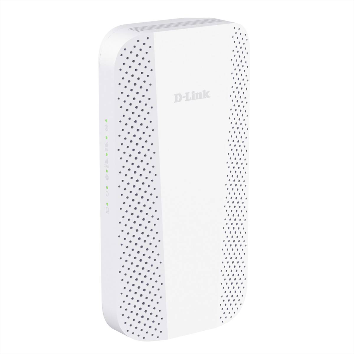 Weißer D-Link Wi-Fi-Router/Modem mit perforierten Seitenpaneelen und kleinen Status-LEDs an der vorderen Kante.