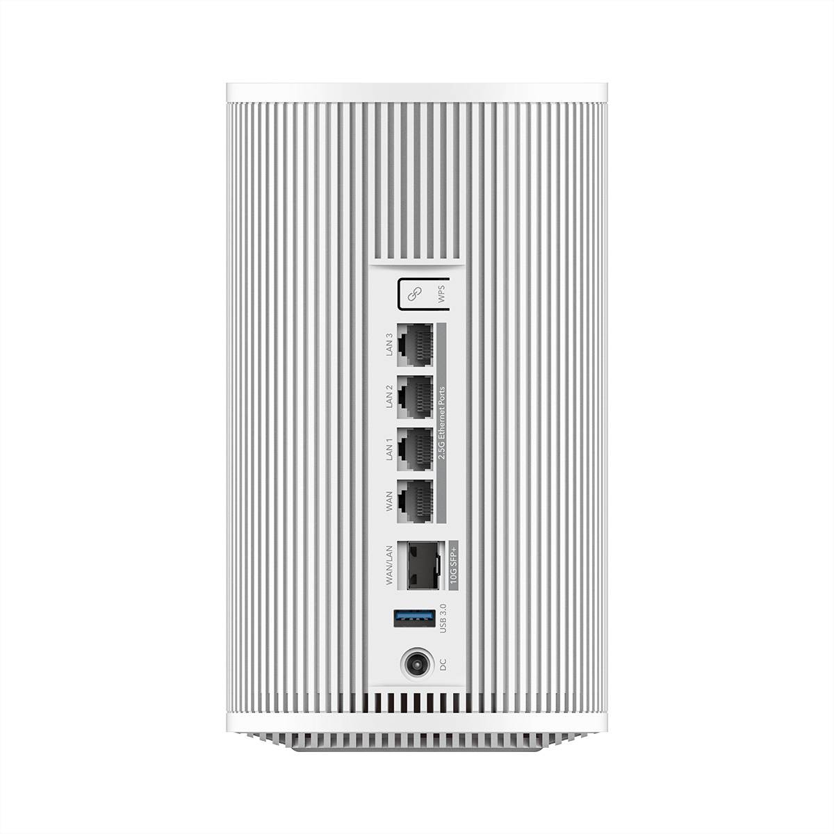 Weißes vertikales Modem/Router mit geripptem Gehäuse, ein USB-Anschluss, Stromanschluss und fünf Ethernet-Anschlüsse mit den Bezeichnungen LAN1-4 und WAN/LAN5