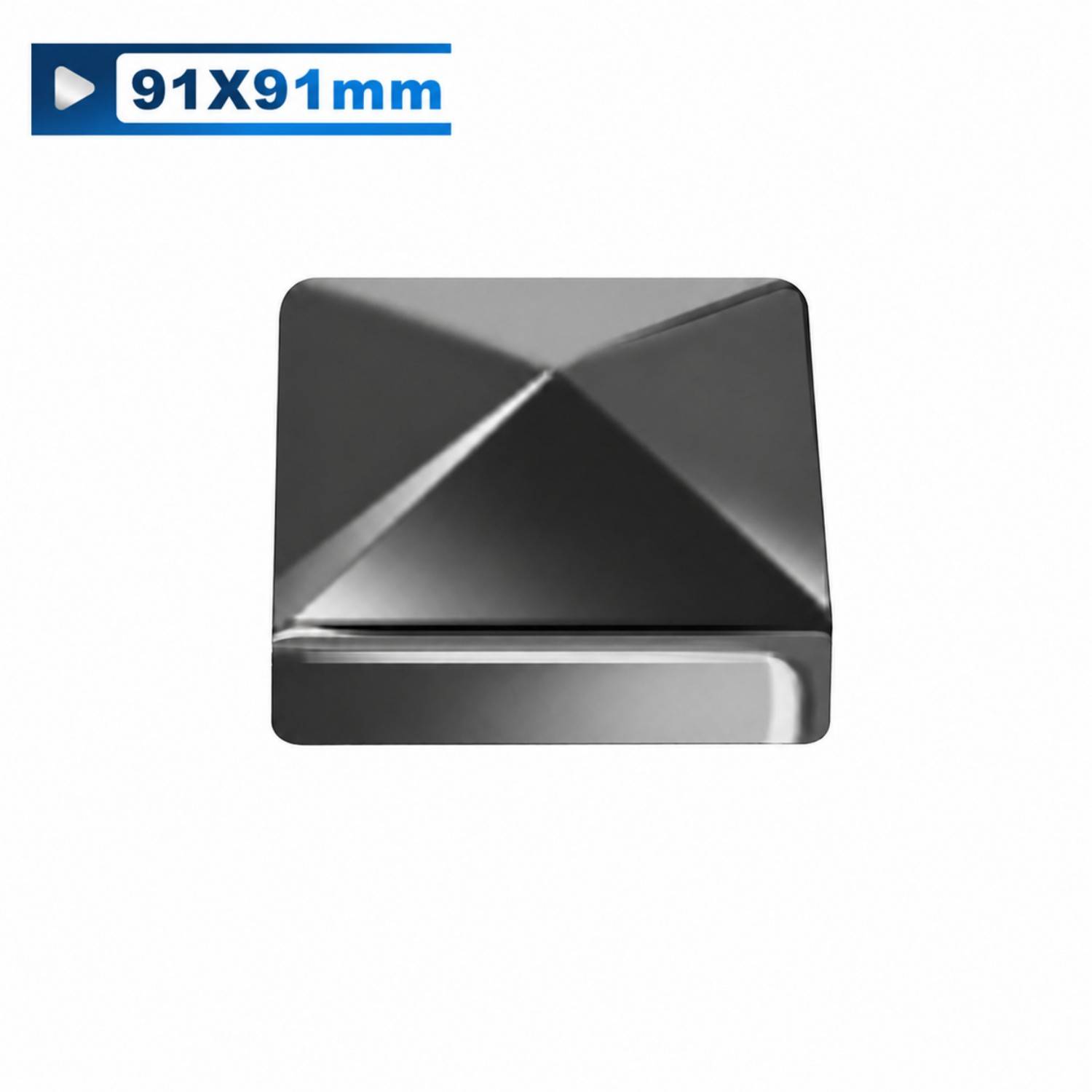91x91 mm quadratische metallische Dekorplatte mit facettiertem, pyramidenähnlichem Zentrum und polierter Silberbasis