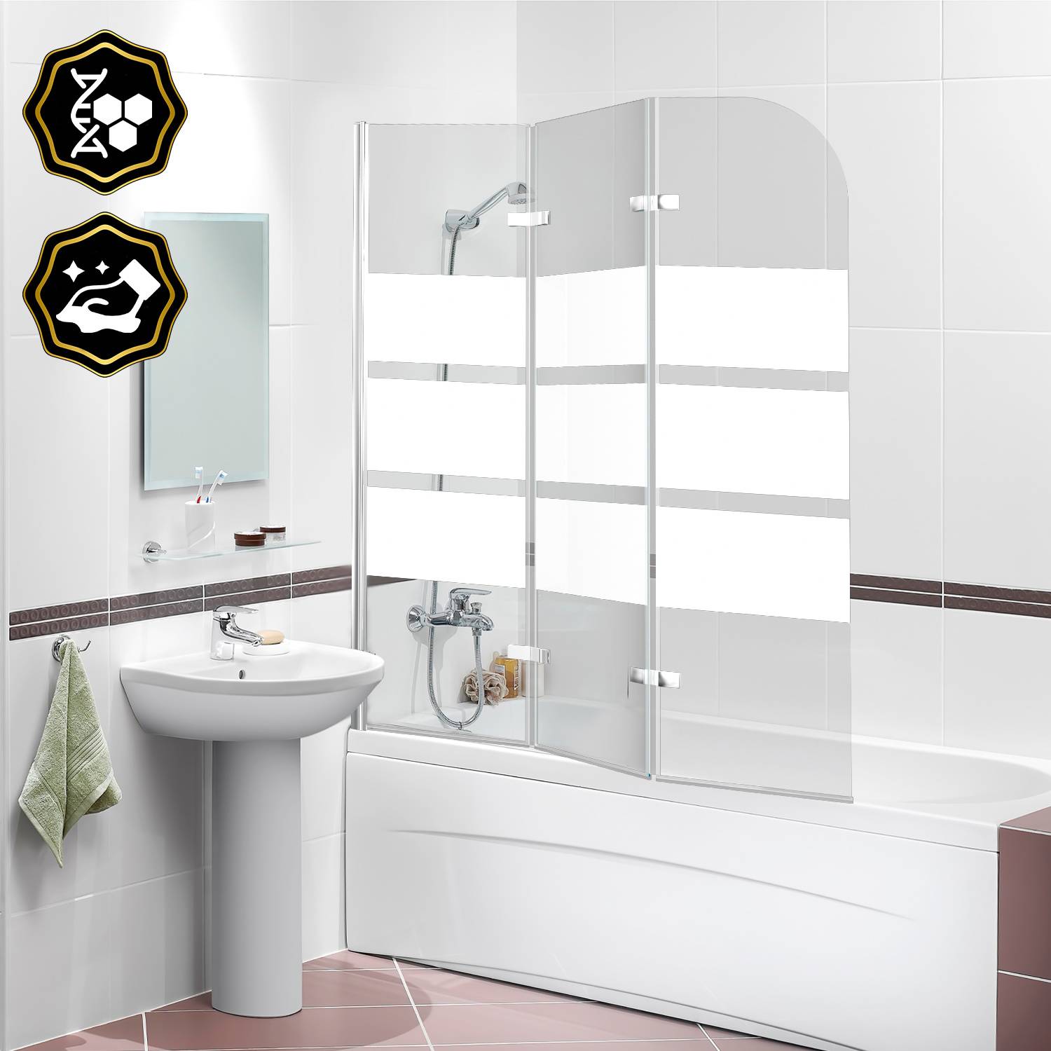 Duschwand Badewanne 120 x 140 cm, 3-teilig faltbare Badewannenfaltwand, Badewannenaufsatz aus 6 mm ESG Sicherheitsglas, 180° schwenkbar, Weiße Strei