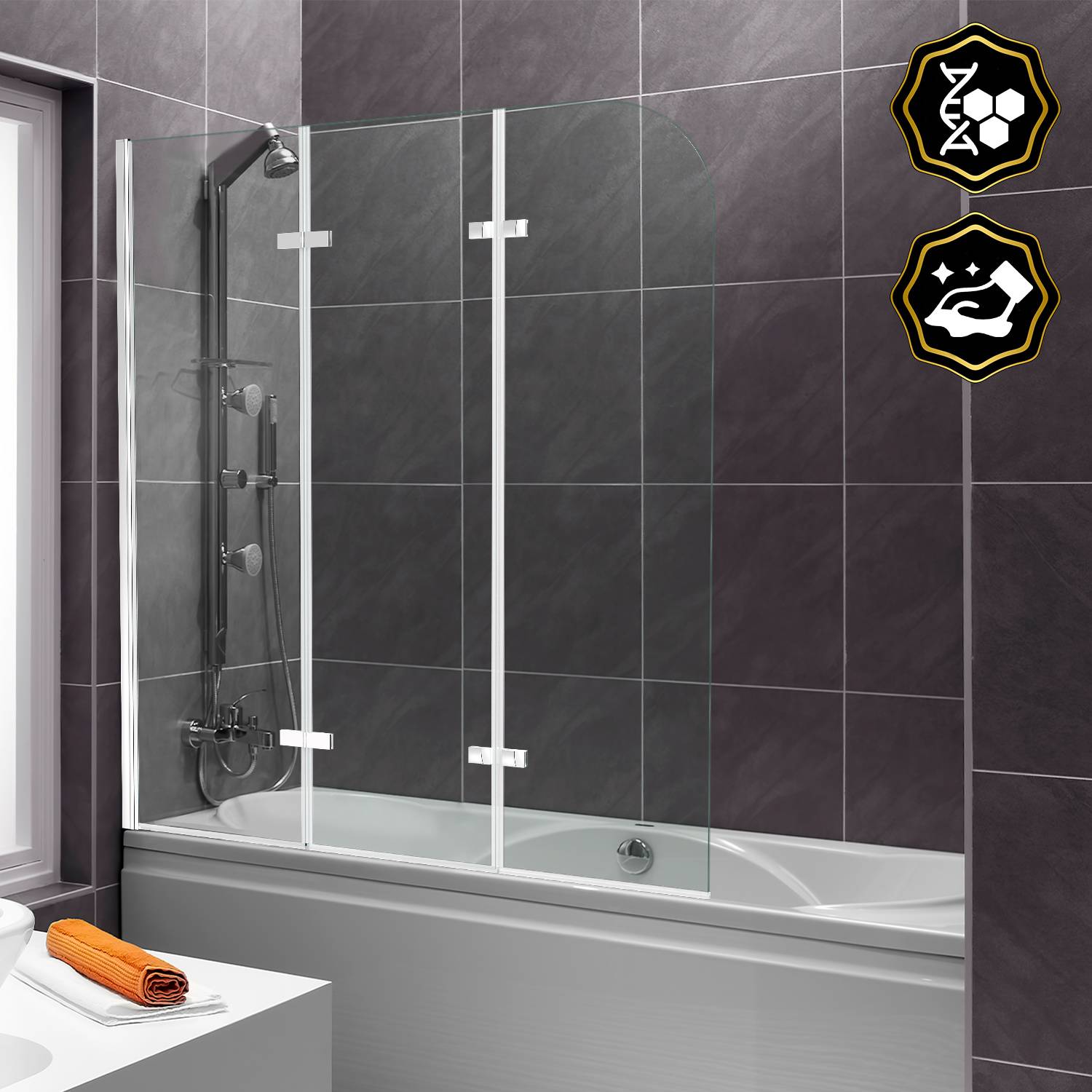 Modernes Badezimmer mit einer Badewannen-Dusch-Kombination, Glasschiebetür, gefliesten Wänden und einem orangefarbenen Handtuch auf der Waschbeckenmontage.