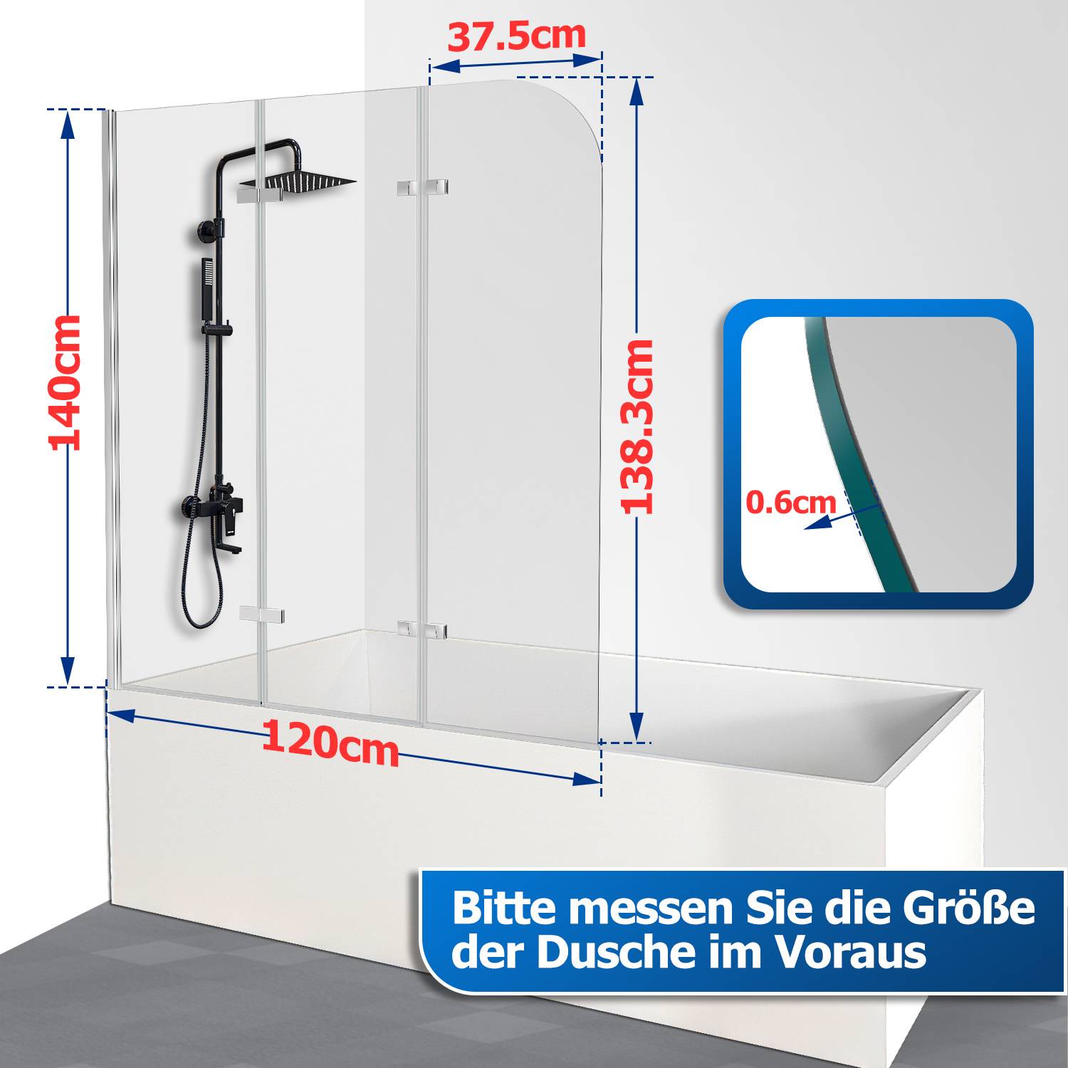Duschkabinen-Abmessungsskizze mit einer Eckduschtrennwand: 140 cm Höhe, 138,3 cm Fronthöhe, 120 cm Breite, 37,5 cm obere Tiefe und 0,6 cm Glasdicke.