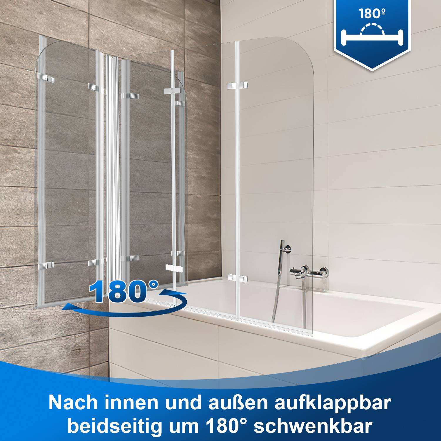 120x140cm Duschwand für Badewanne Badewannenaufsatz, 3-teilig faltbar, 6 mm ESG-Glas, 180° schwenkbar, Nano-Beschichtung, Silber Transparent