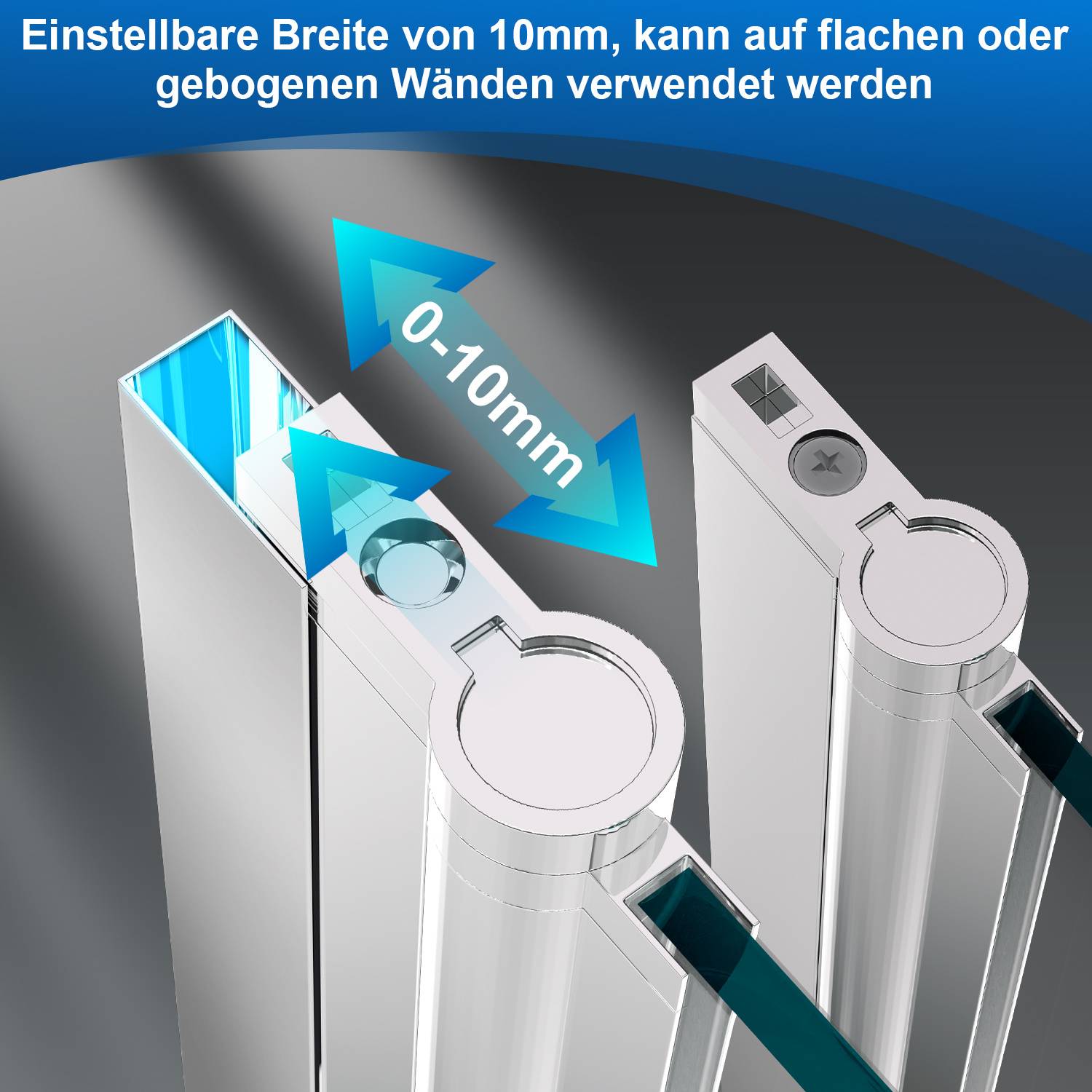 Diagramm mit verstellbarer Halterungsbreite von 0-10 mm zur Verwendung auf flachen oder gekrümmten Wänden, mit zwei dargestellten Klemmstellungen.