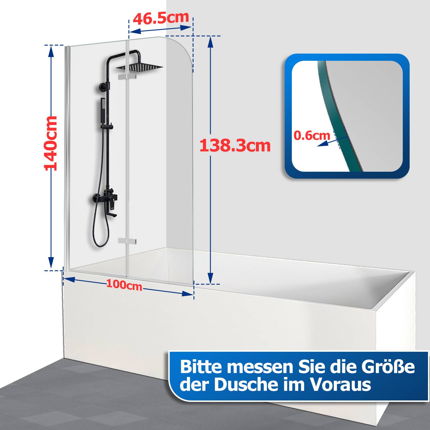 Duschabtrennungs-Größenleitfaden mit einer Eckbadewannen-Konfiguration und Abmessungen: 140 cm Höhe, 100 cm Breite, 138,3 cm Tiefe, 46,5 cm obere Breite und 0,6 cm Glasstärke.