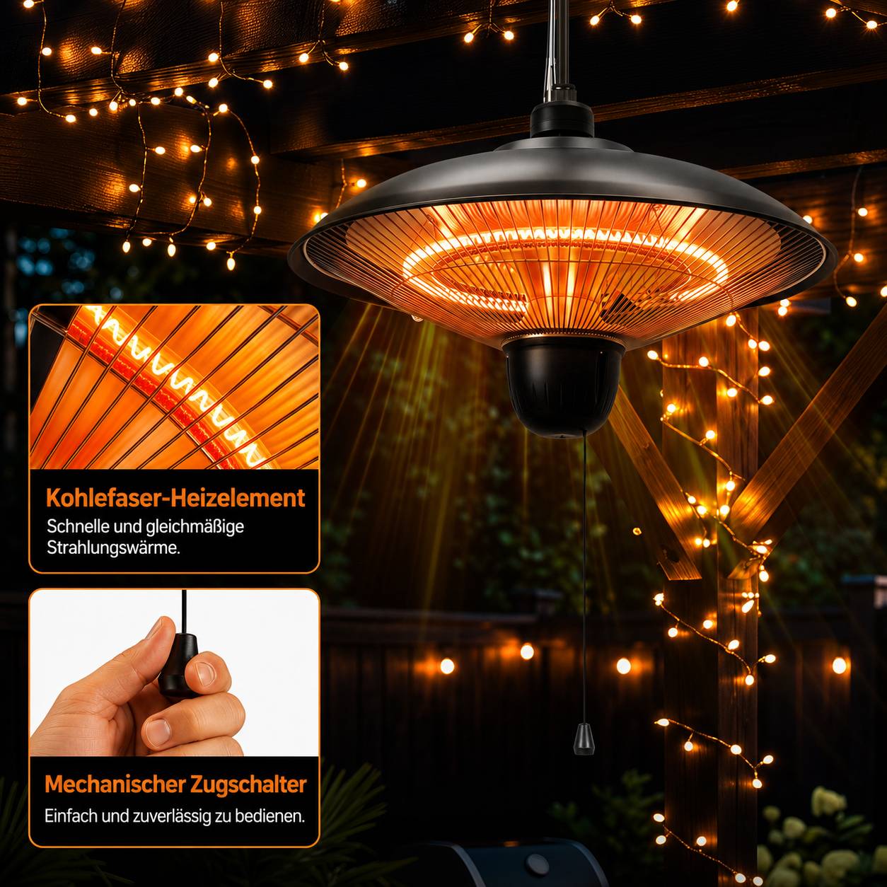 Außenbereich-Terrassenheizerglüht orange, mit eingefügten Hinweisen, die auf Deutsch "Kohlefaser-Heizelement"" und ""Mechanischer Zugschalter"" beschriften.