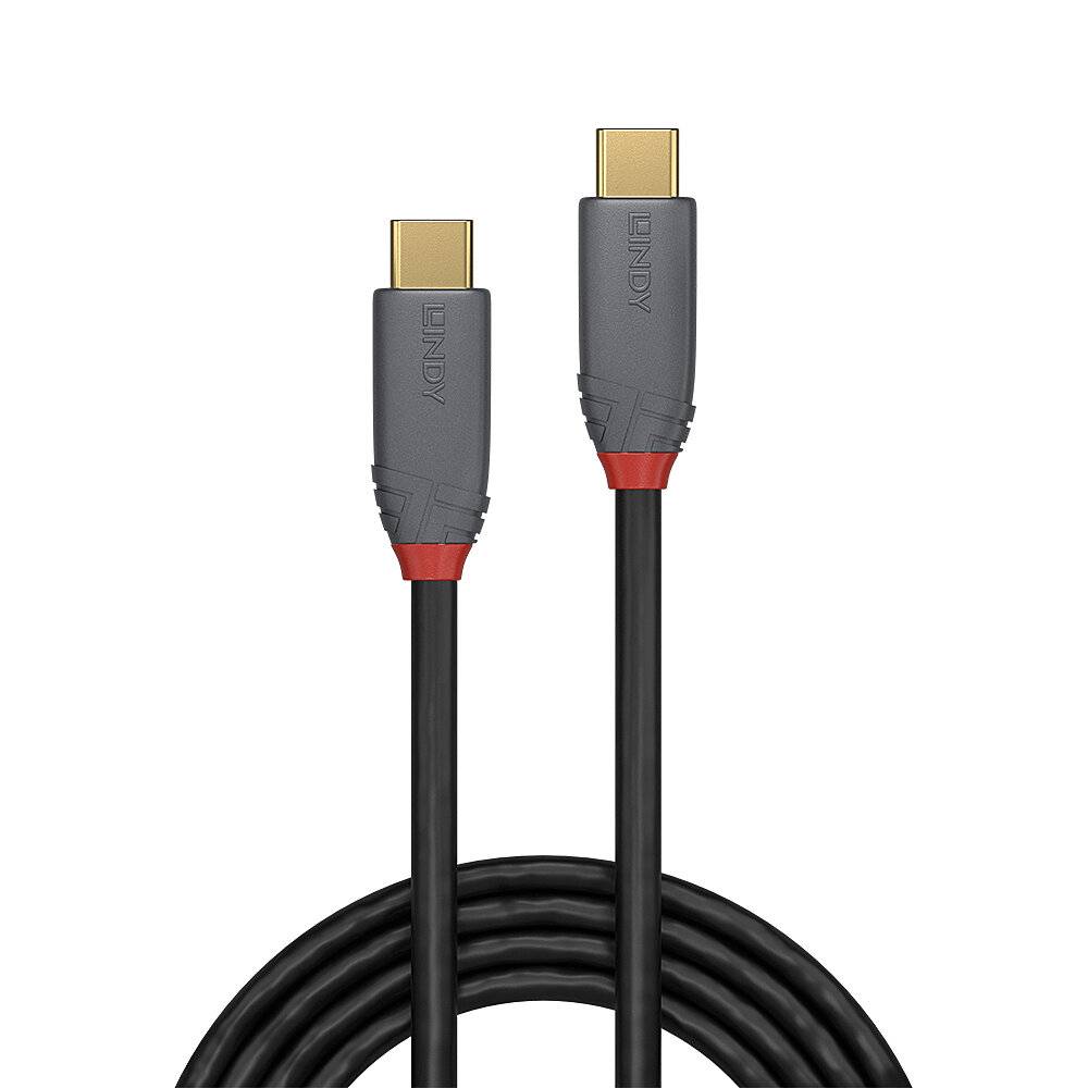Aufgerolltes schwarzes USB-C-Kabel mit zwei vergoldeten Steckern, die vor weißem Hintergrund gezeigt werden.